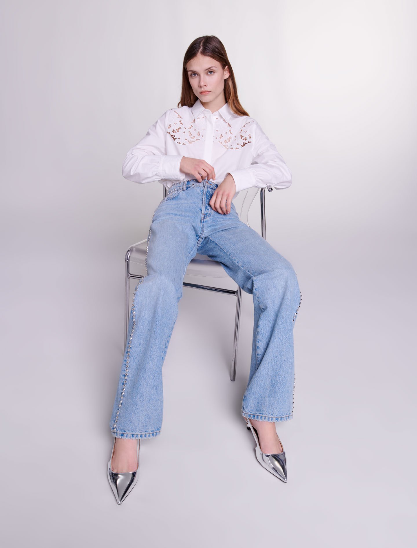 Wide-leg studded jeans