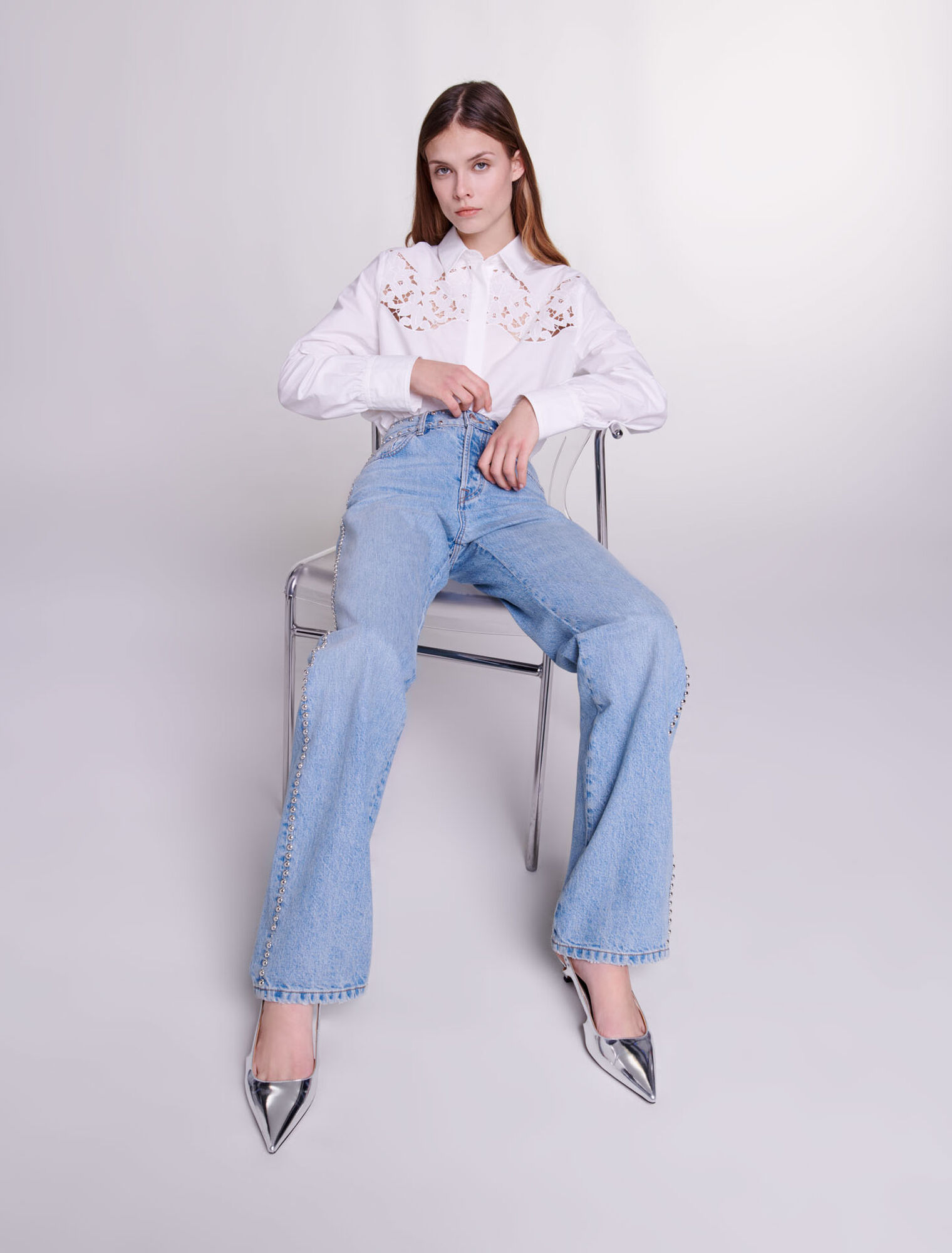 Wide-leg studded jeans