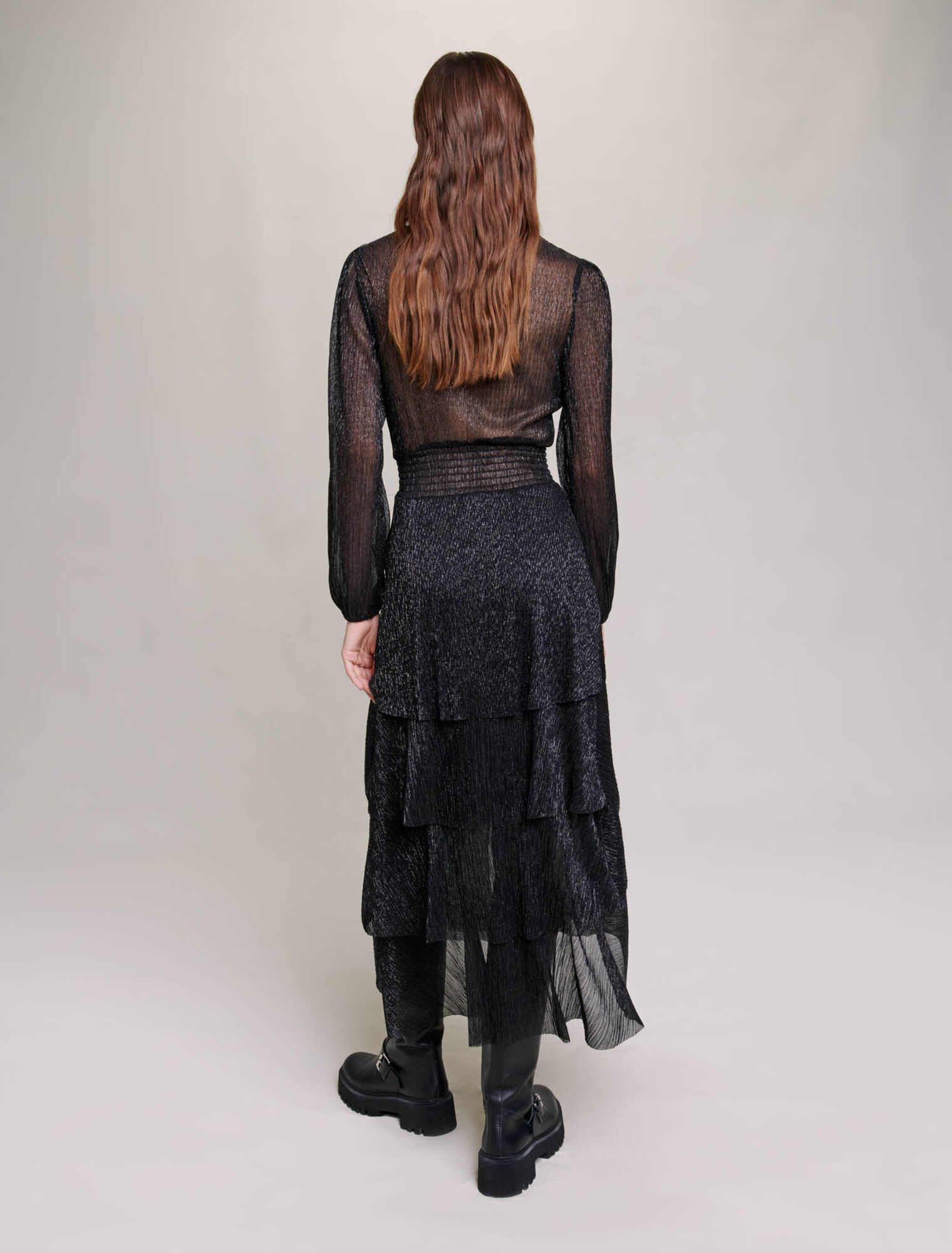 Pleated stretch lamé dress with ruffles