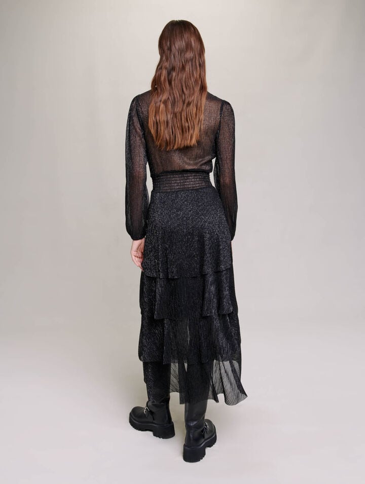 Pleated stretch lamé dress with ruffles