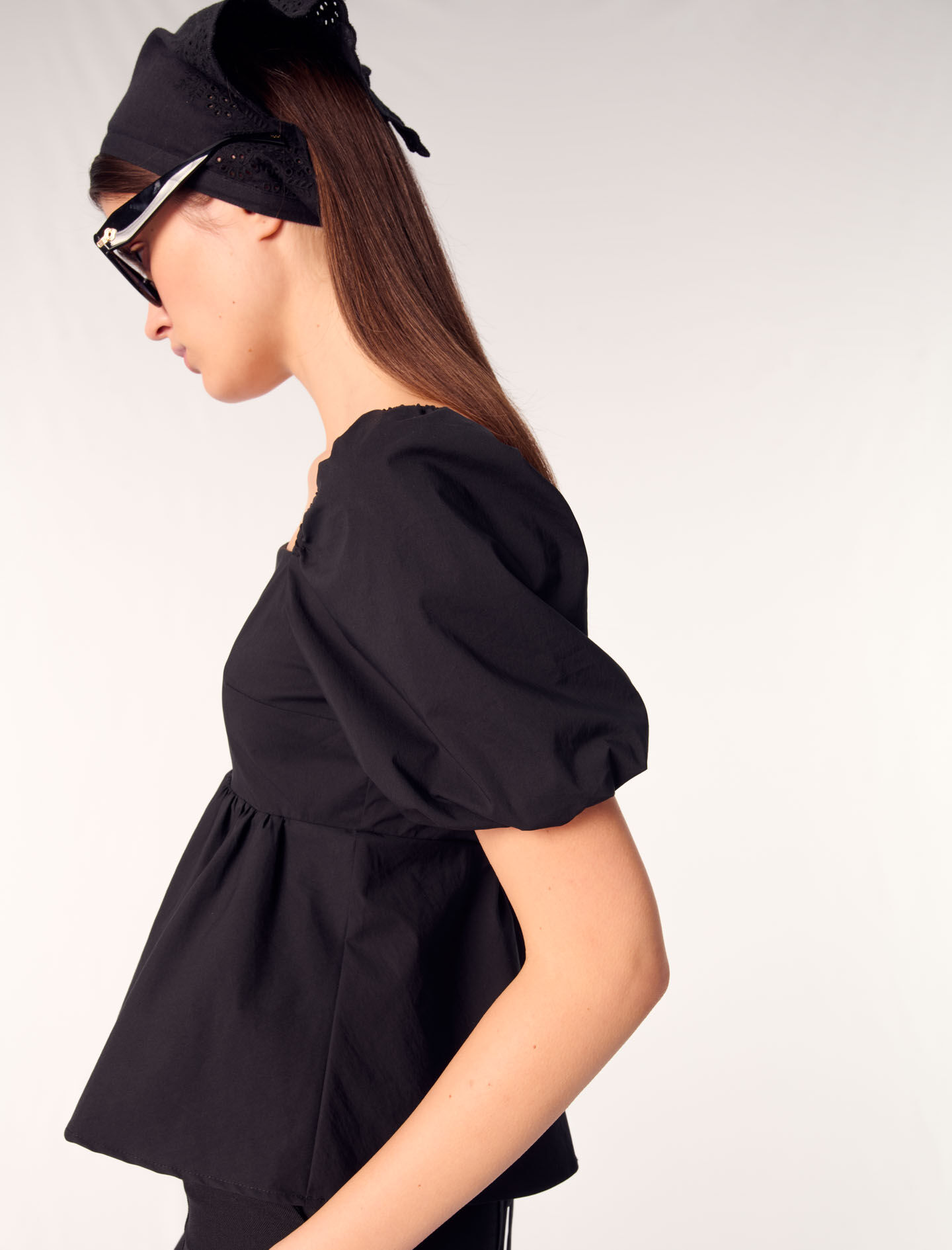 Poplin top with balloon sleeves Black / Gray For Women | Maje