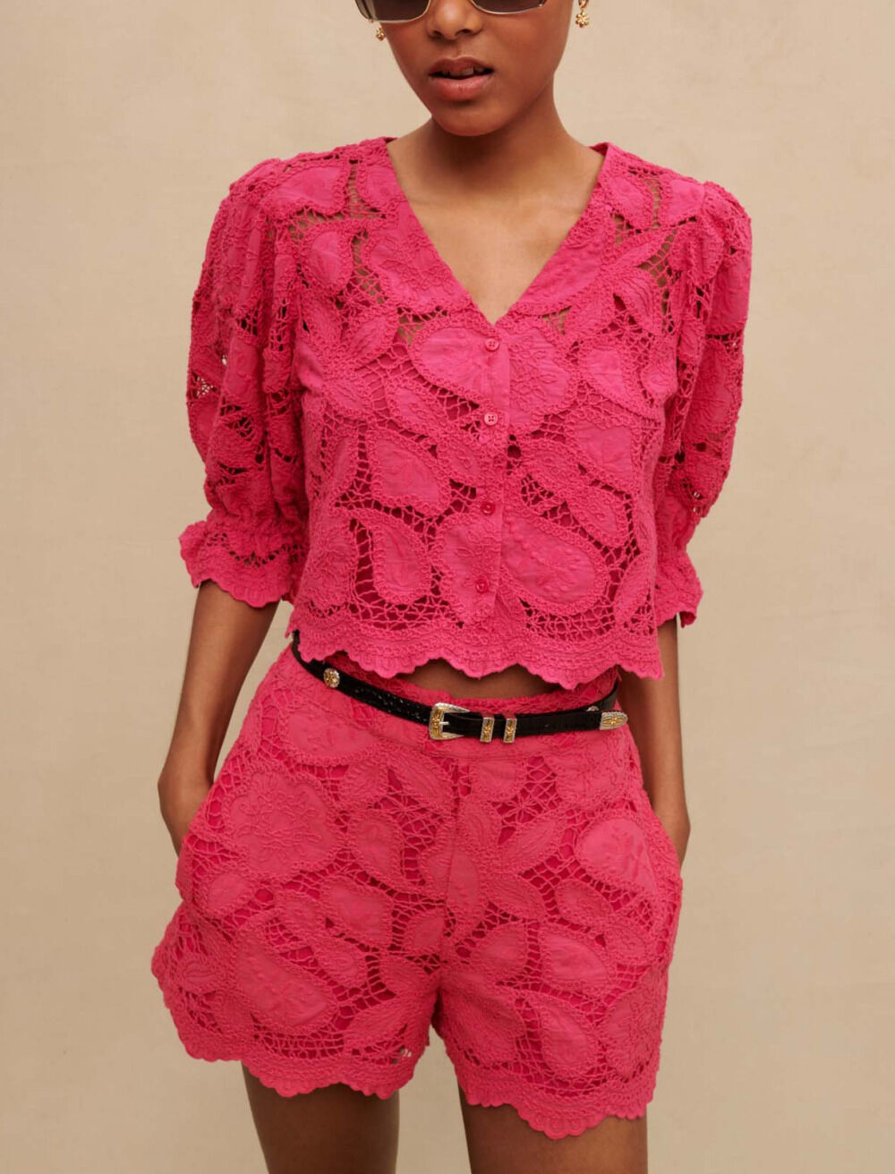 Openwork short shirt Pink For Women | Maje