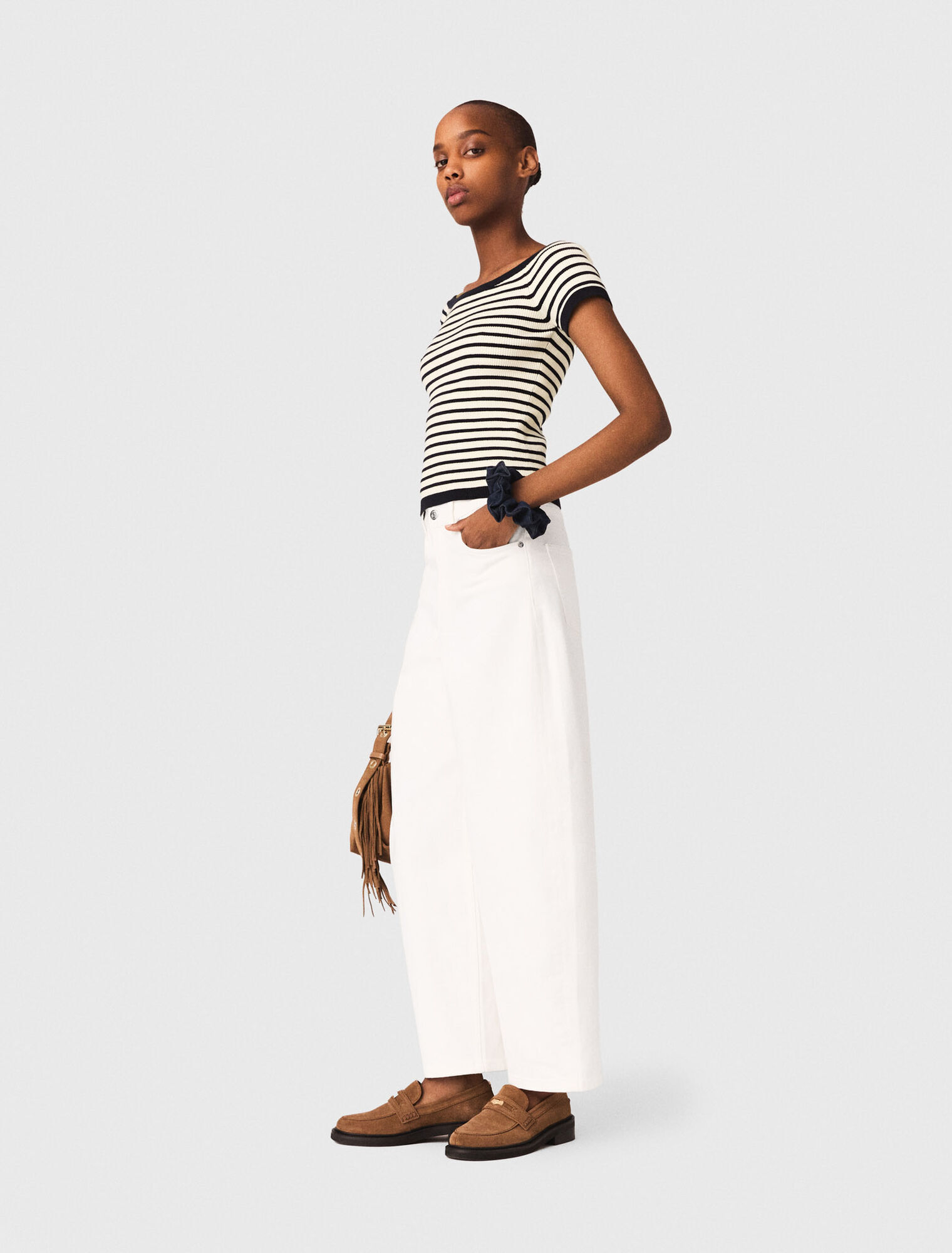 Rib knit top with boat neck