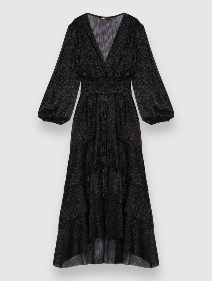 Pleated stretch lamé dress with ruffles