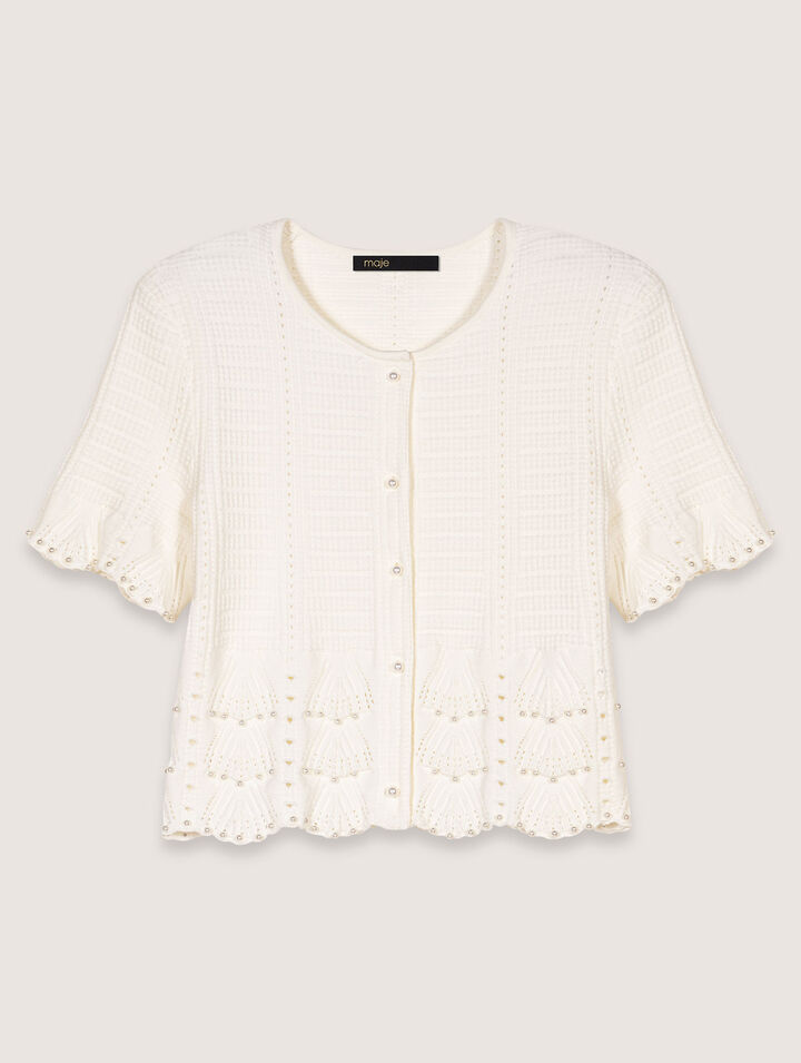 Pointelle knit short sleeve cardigan