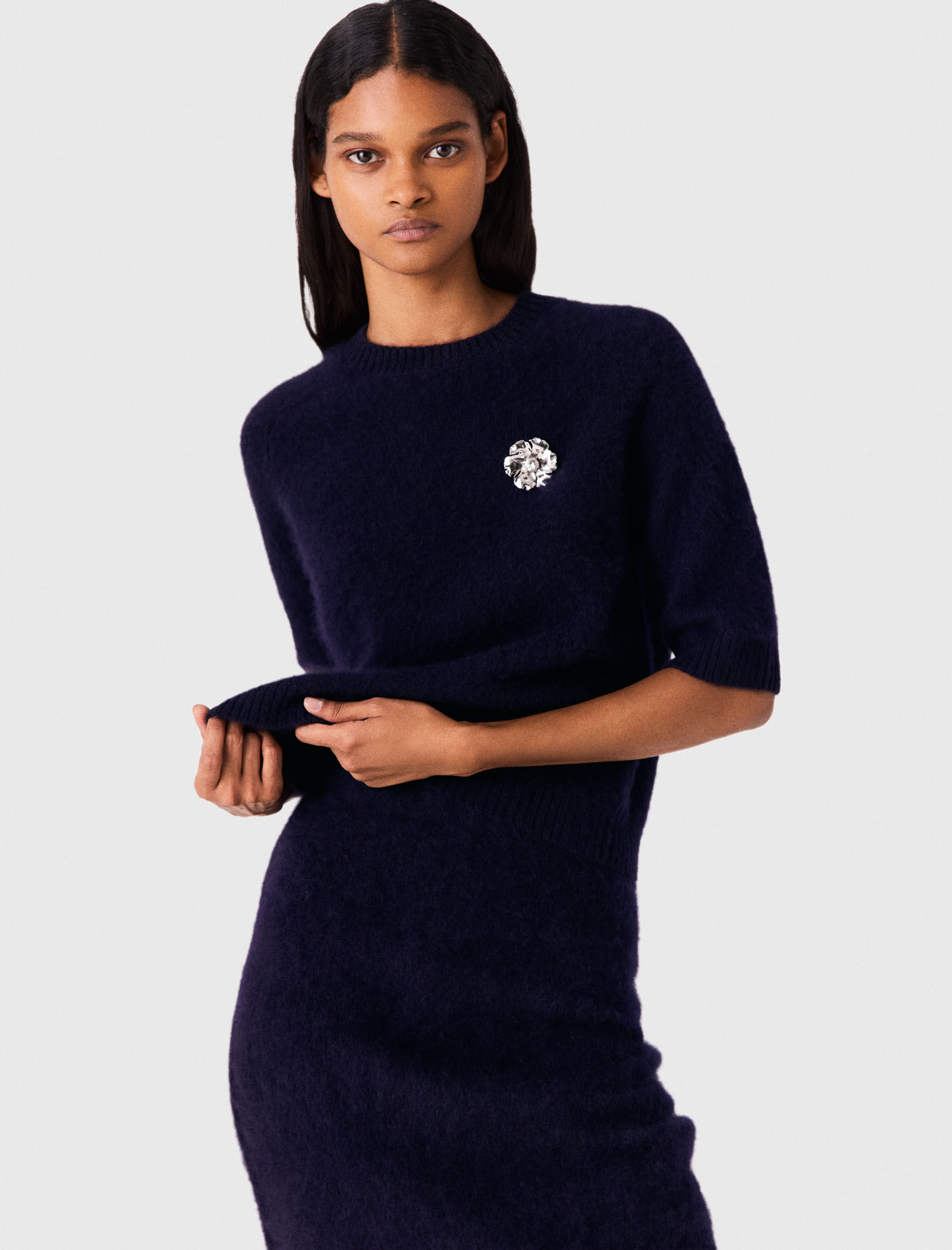 Sweater with floral brooch Blue For Women | Maje
