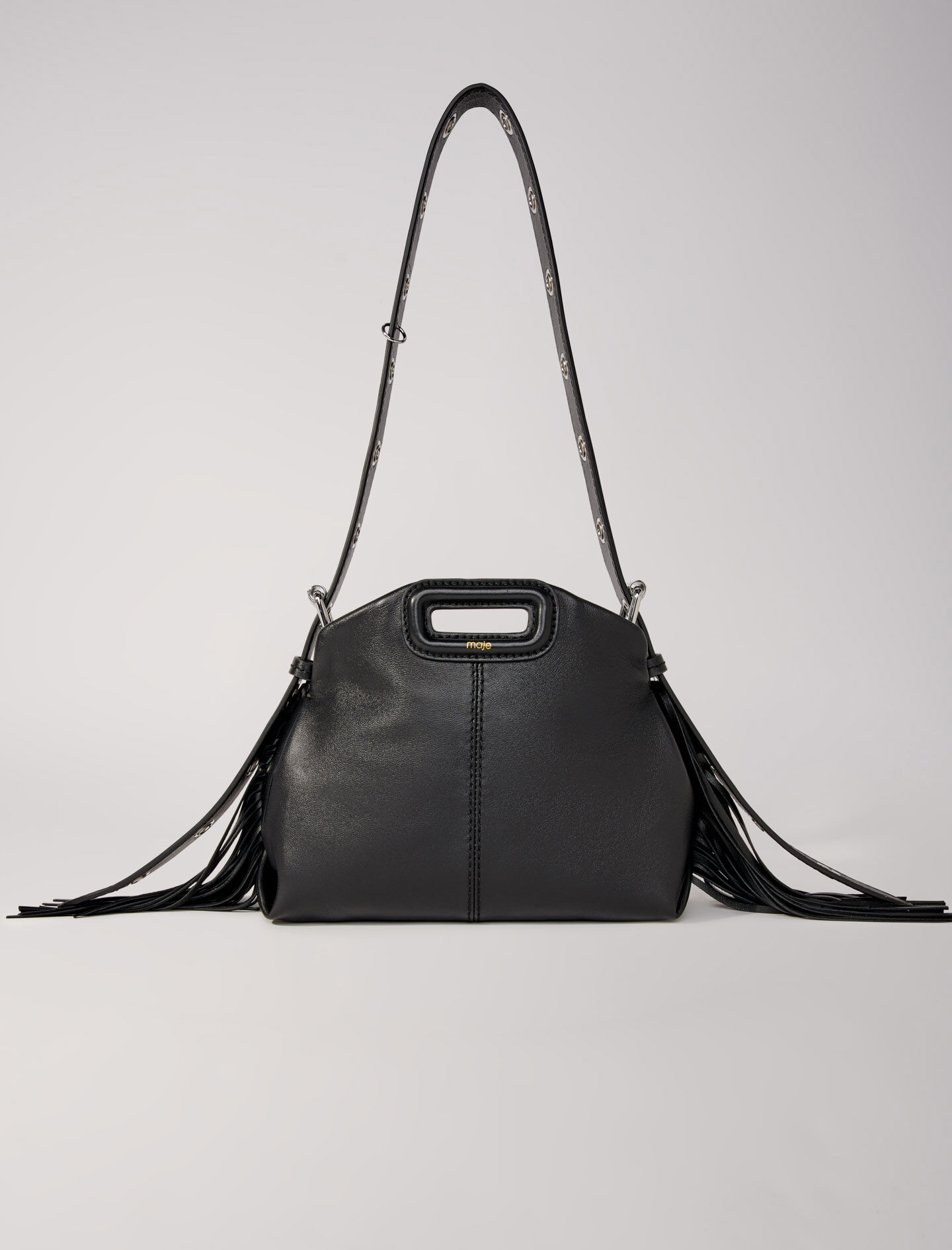 Fringed leather M bag Black / Gray For Women | Maje