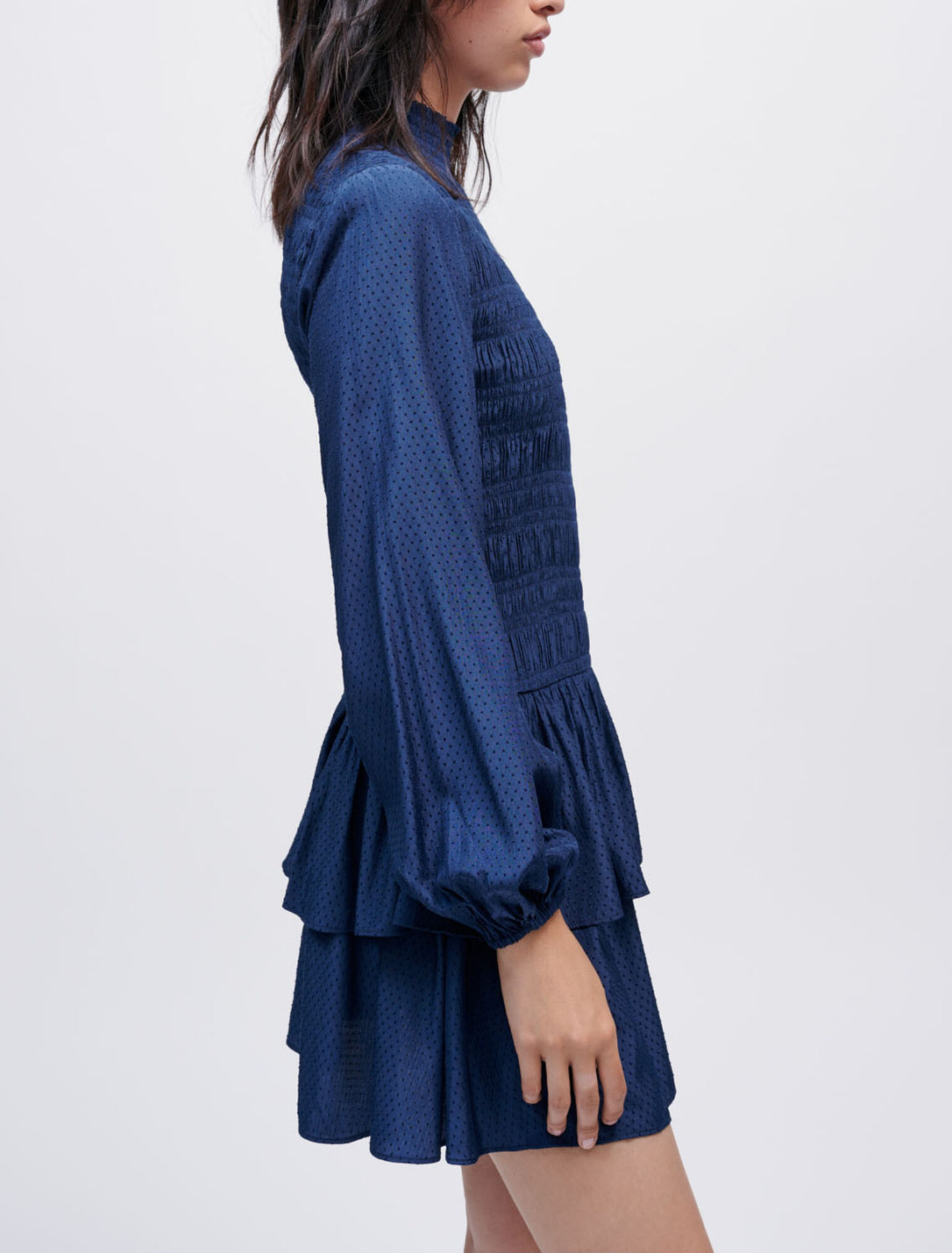 Flounced satin smocked dress