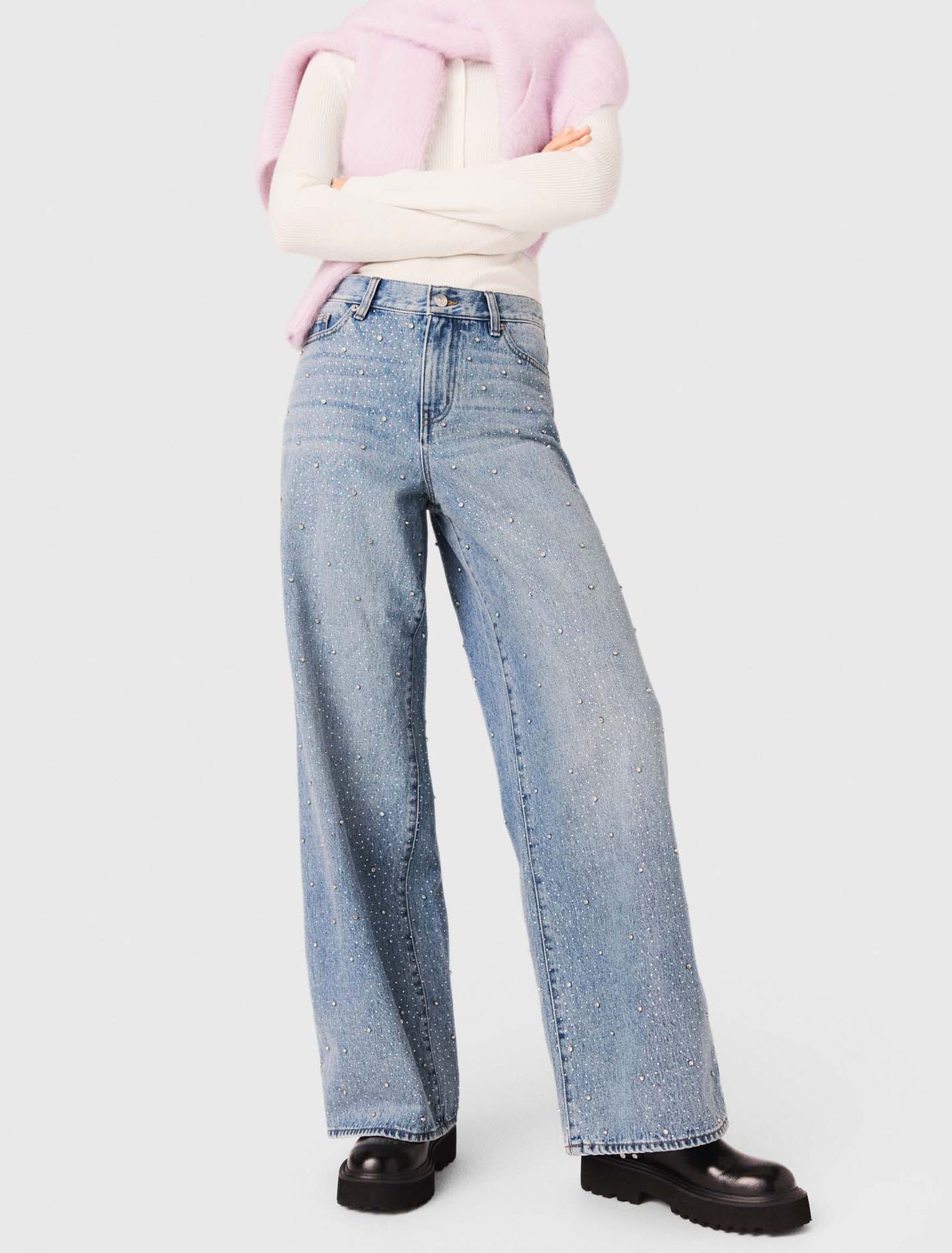 Wide-leg all-over rhinestone jeans