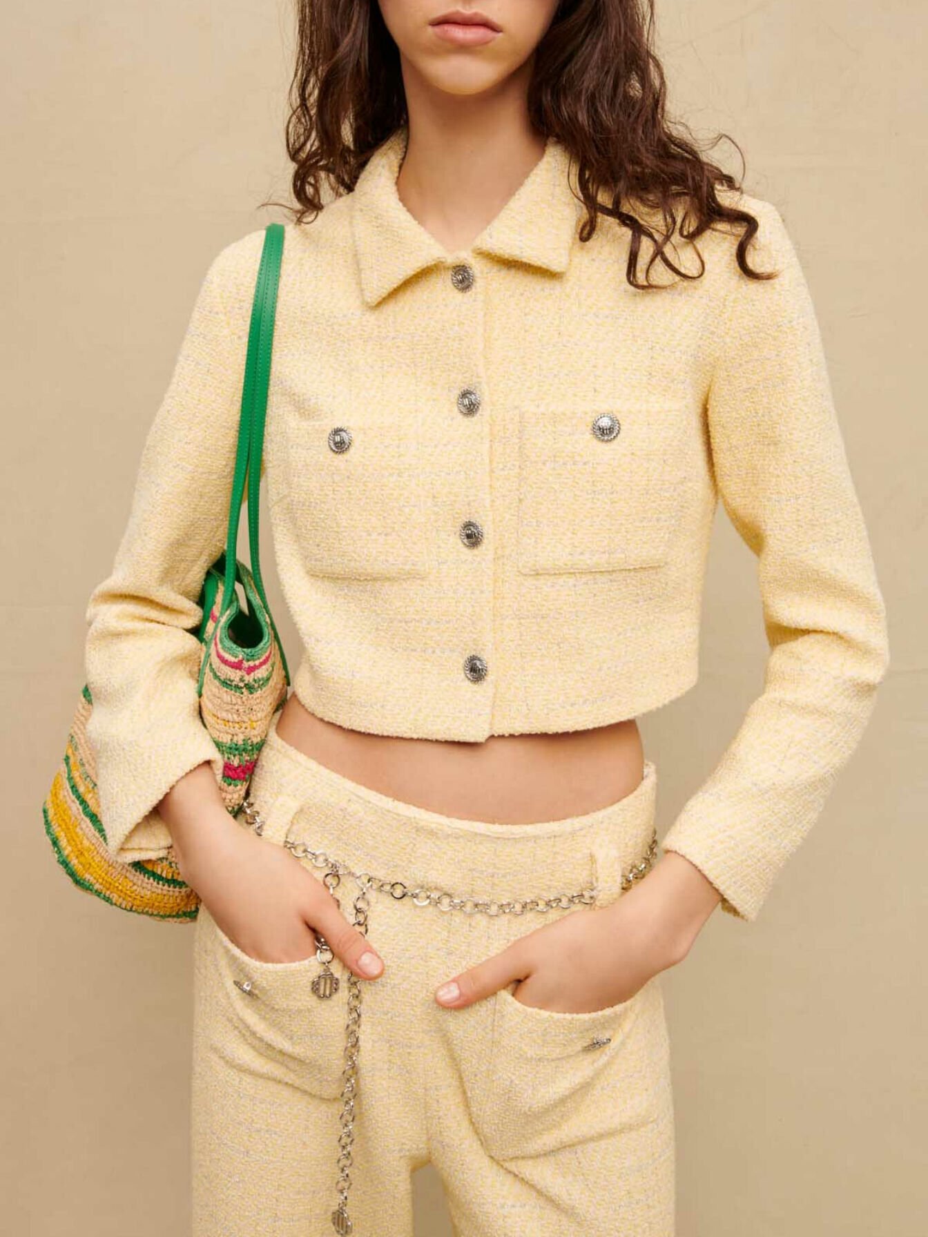 Cropped tweed tailored jacket Yellow / Orange For Women | Maje Cropped tweed tailored jacket Yellow / Orange For Women | Maje