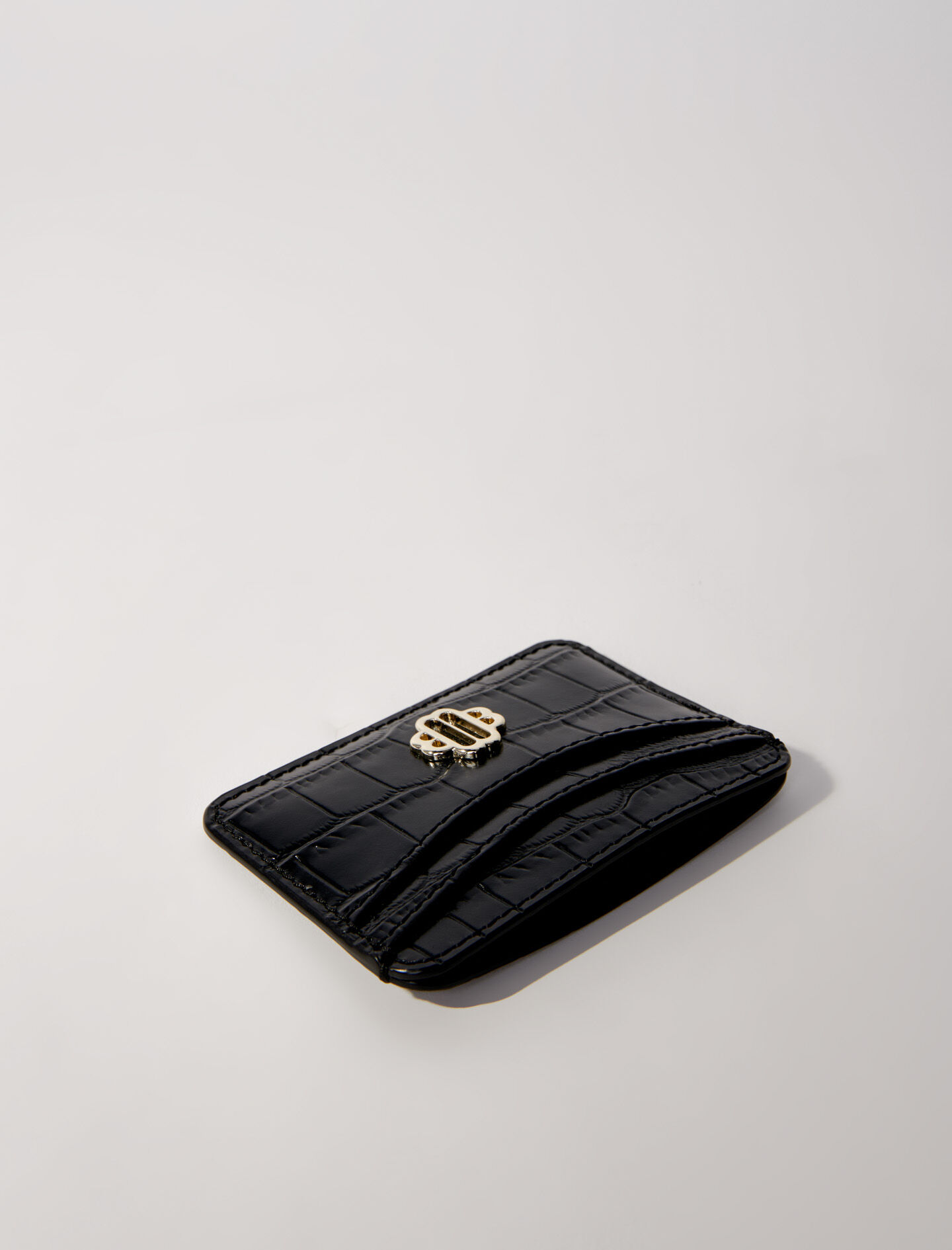 Mock croc embossed leather card case Black / Gray For Women | Maje