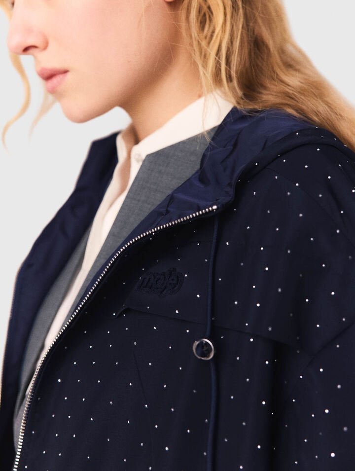 Hooded windbreaker with rhinestones