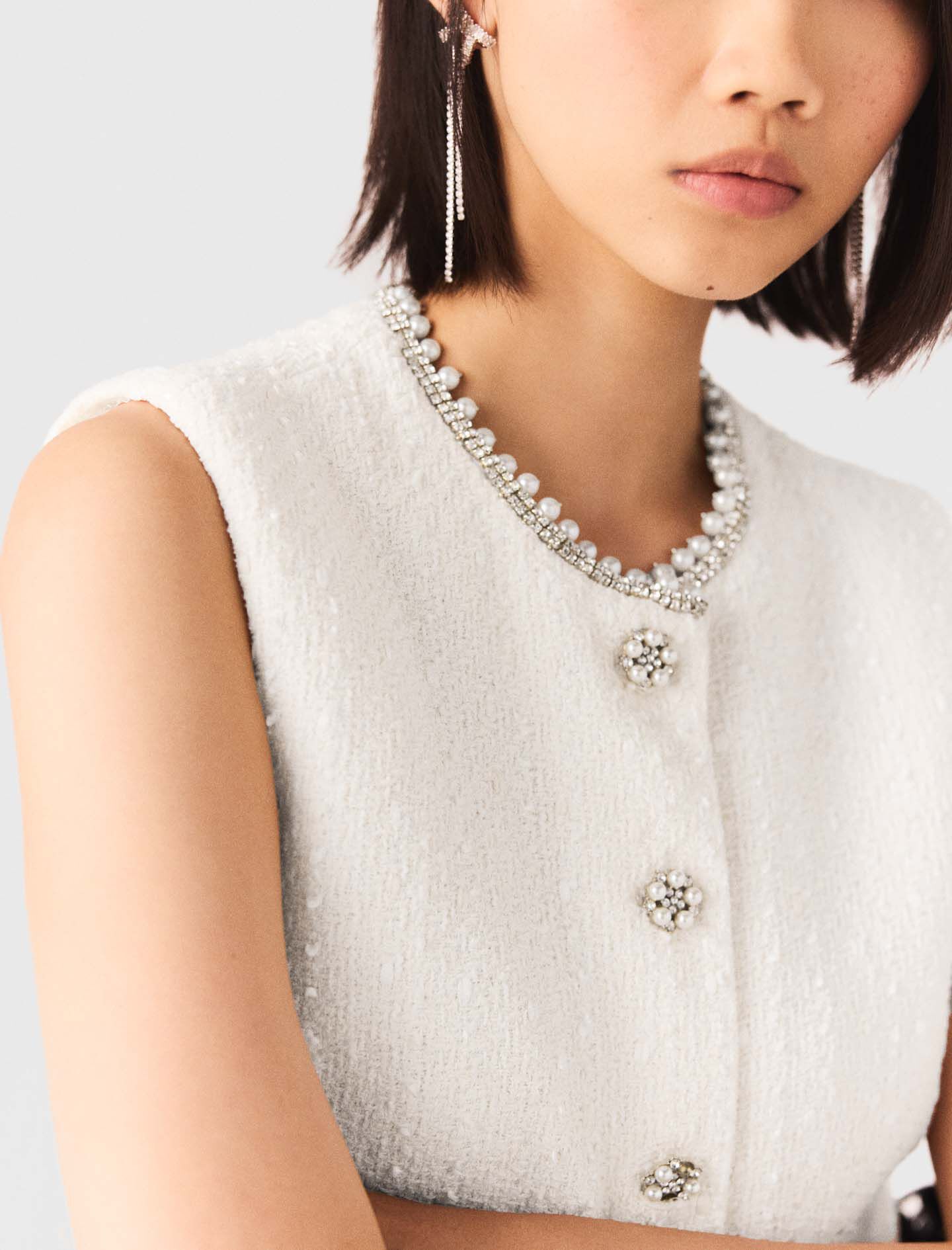 Tweed vest with pearl trim White For Women | Maje