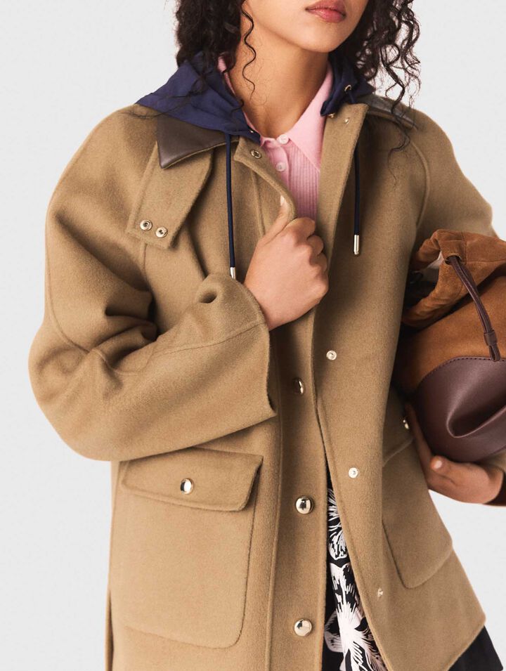 Wool coat with removable hood