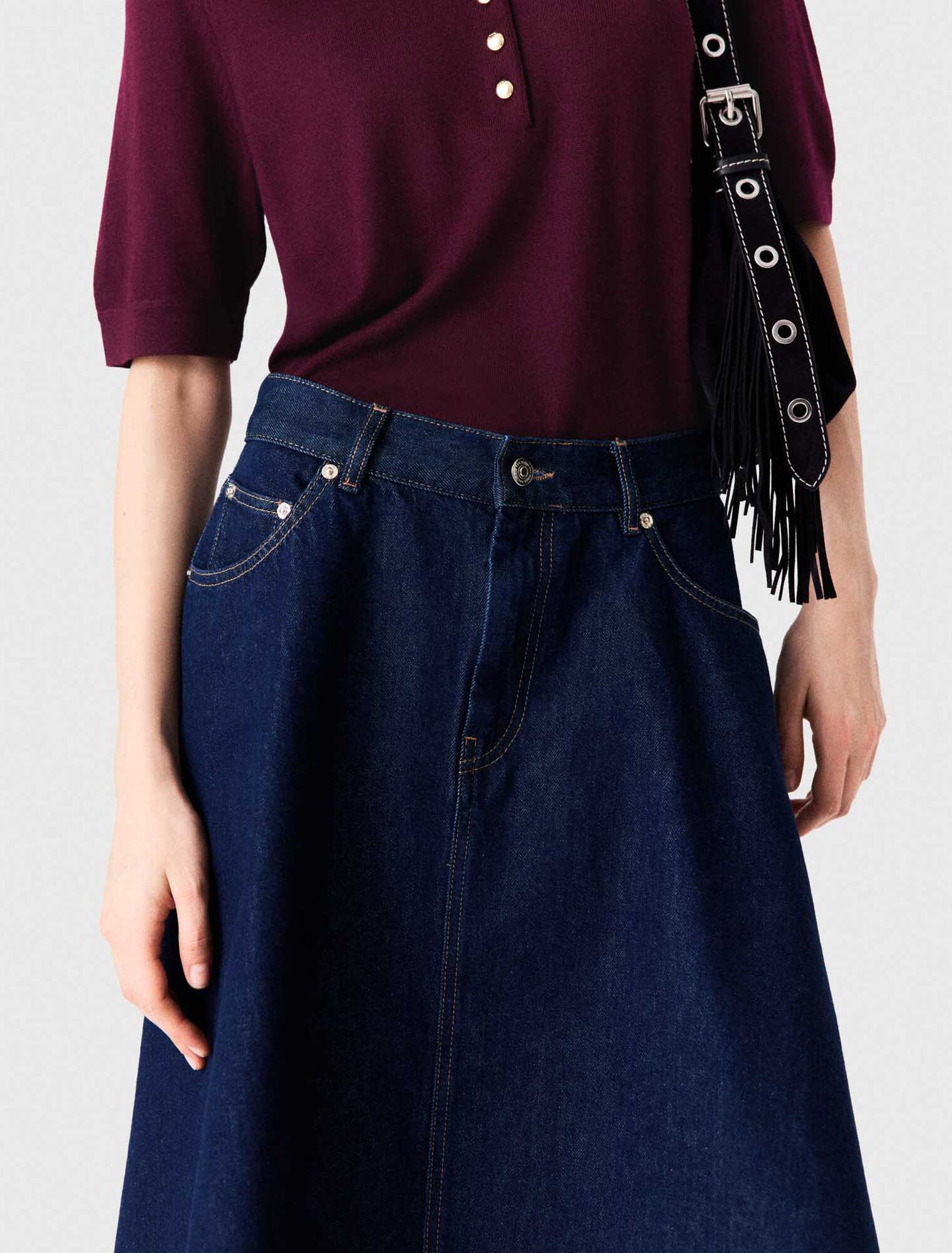 Mid-length flared denim skirt