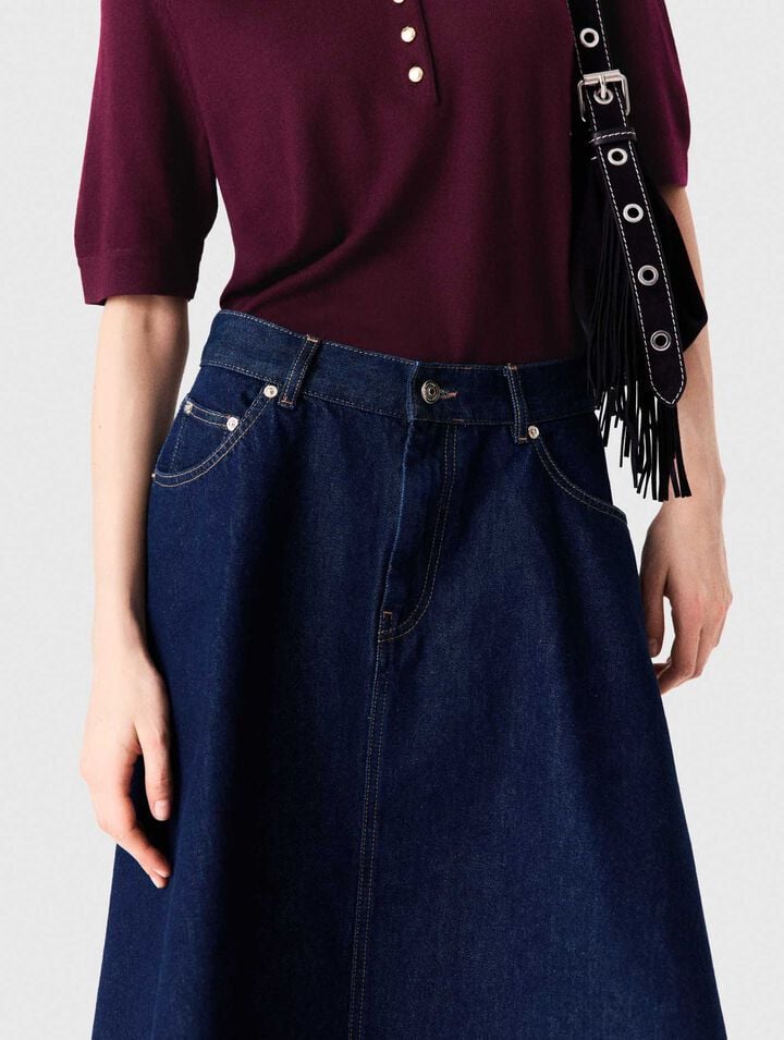 Mid-length flared denim skirt