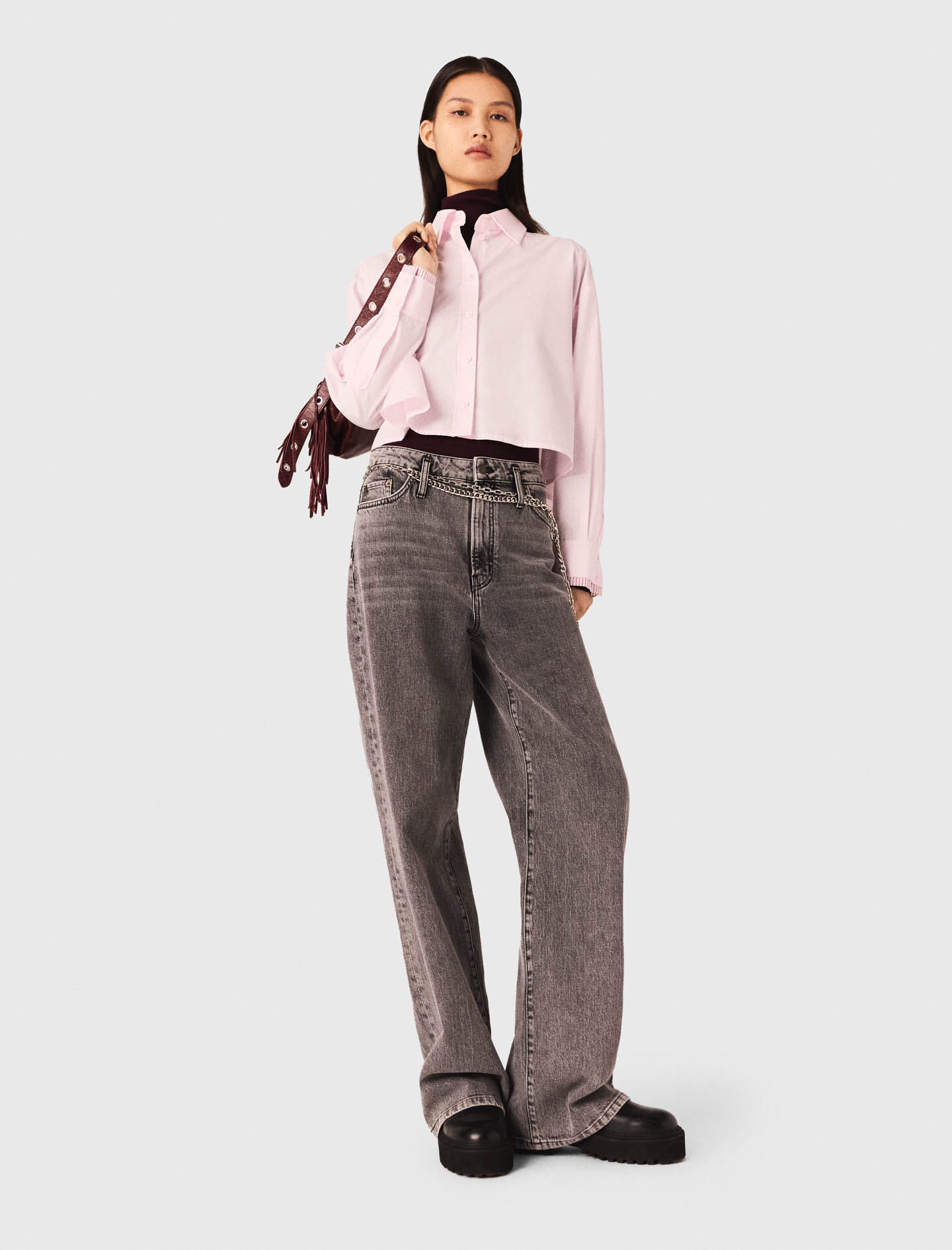 Wide-leg jeans with chain-link belt Black / Gray For Women