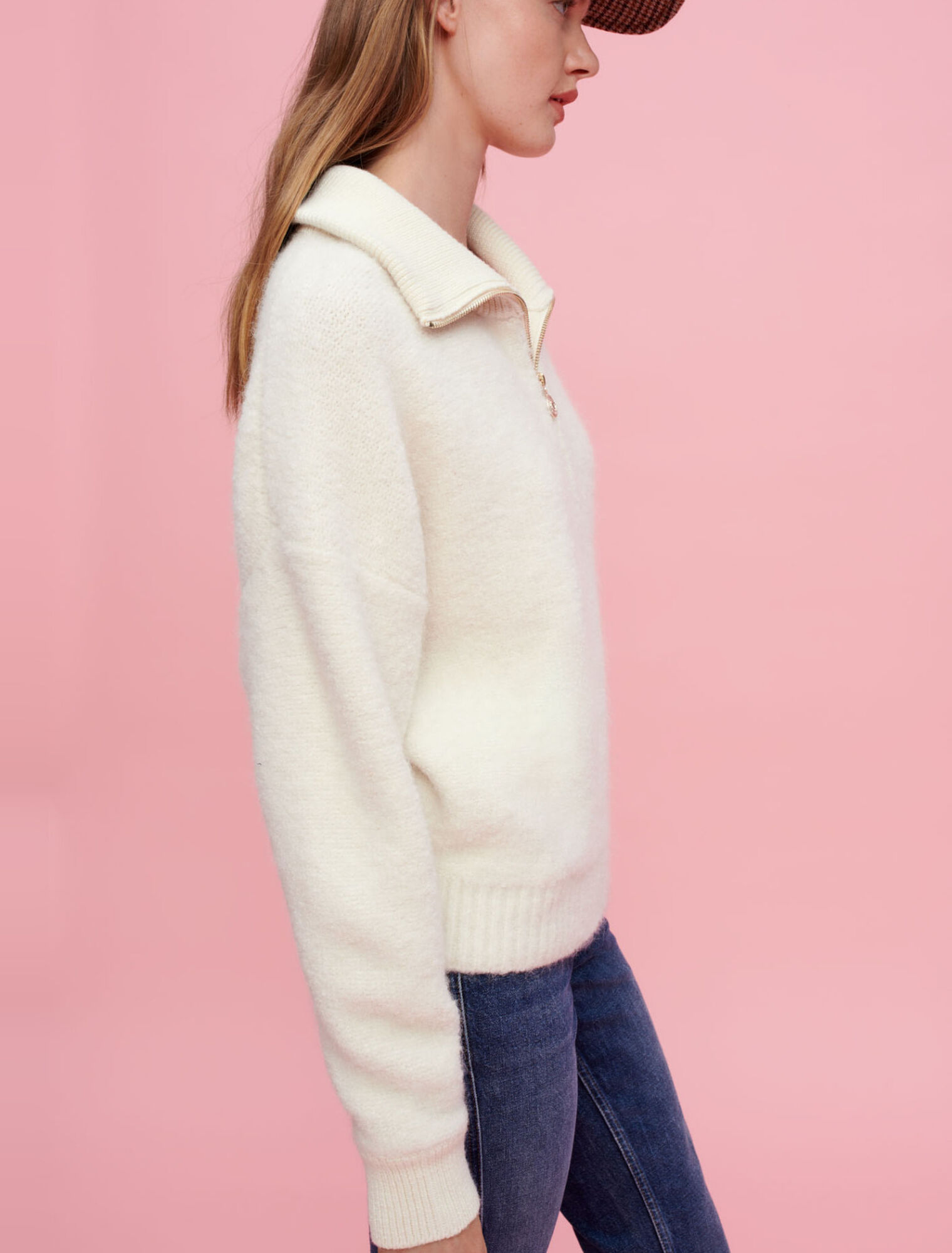 Ecru bouclé mock-neck sweater