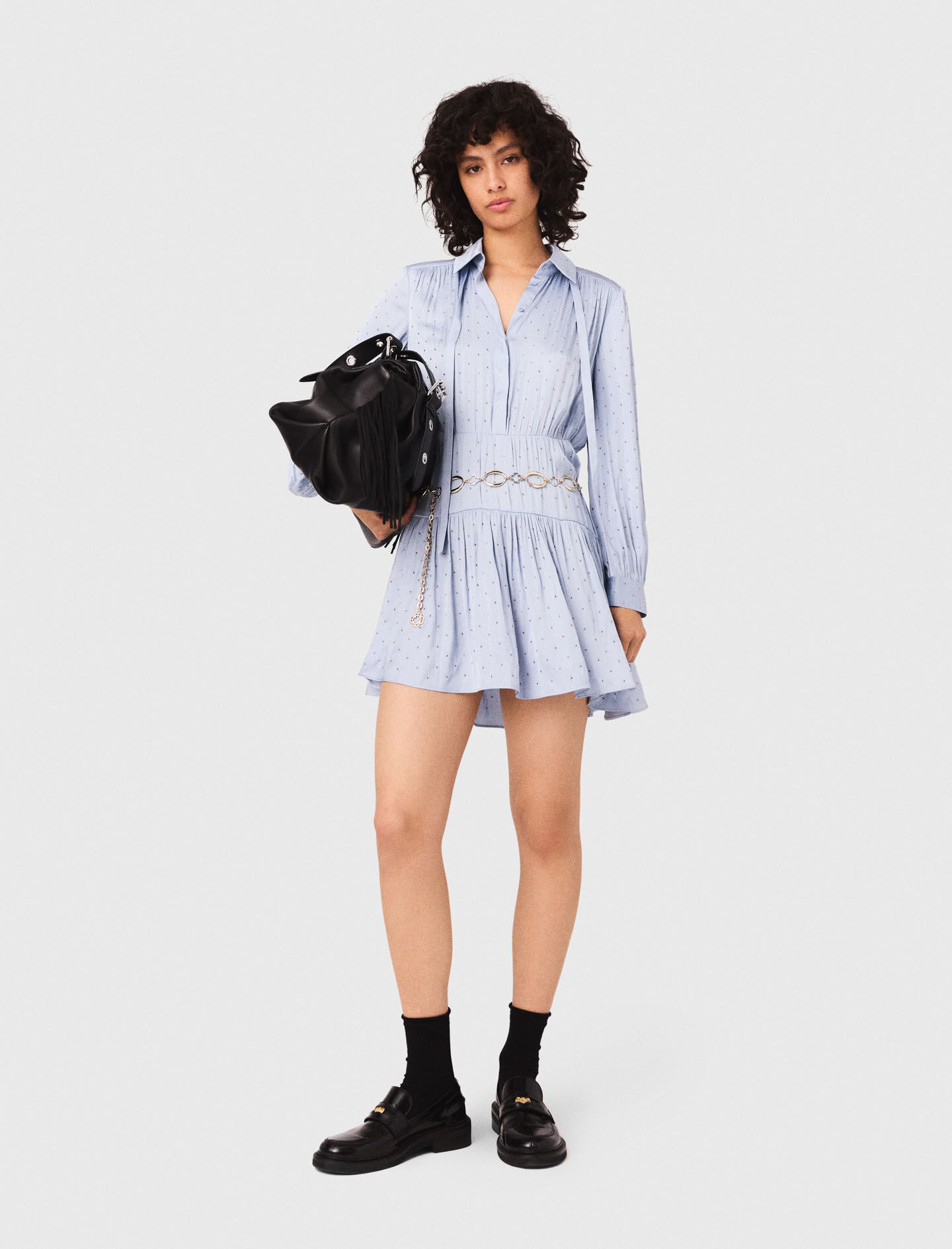 Studded flowing shirt dress Blue For Women | Maje