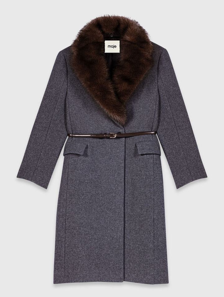 Long coat with faux fur collar