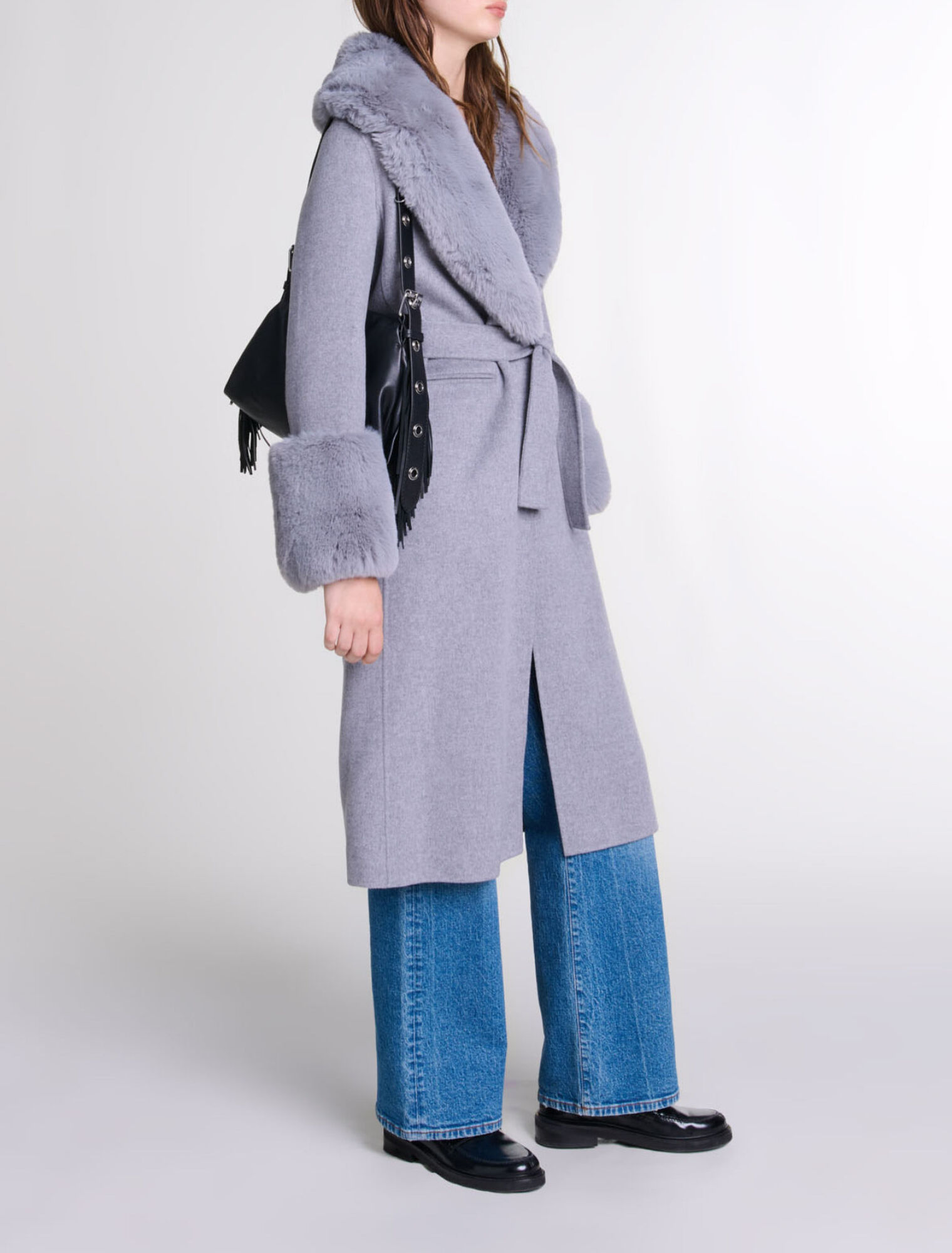 Long coat with faux fur collar