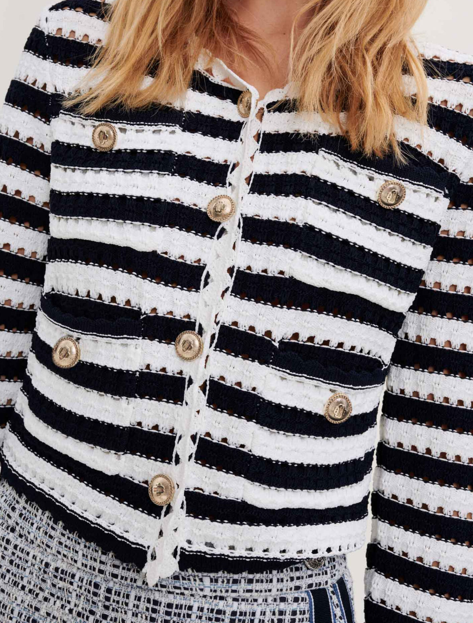 Striped crochet-effect cardigan