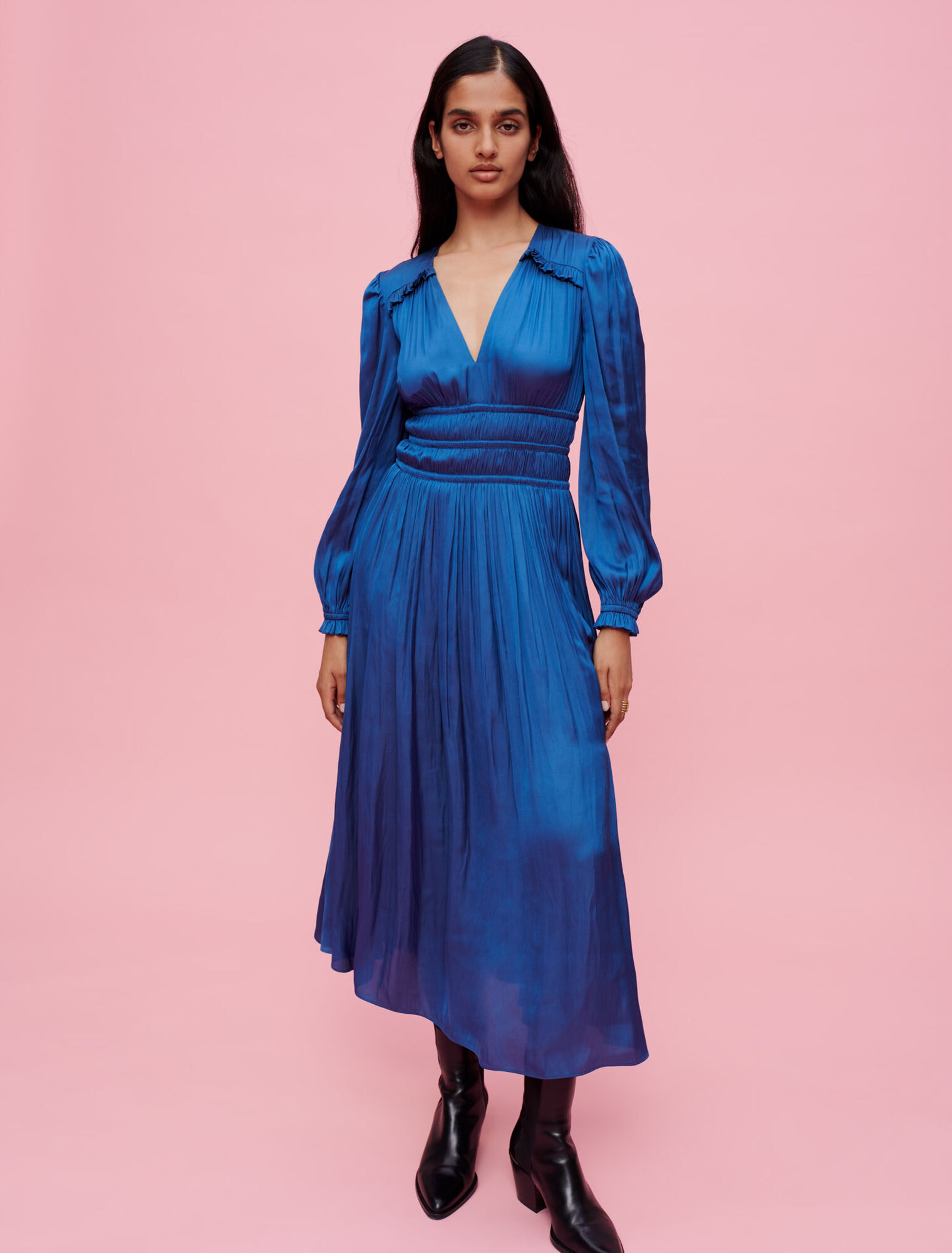 Satin dress with smocked waist