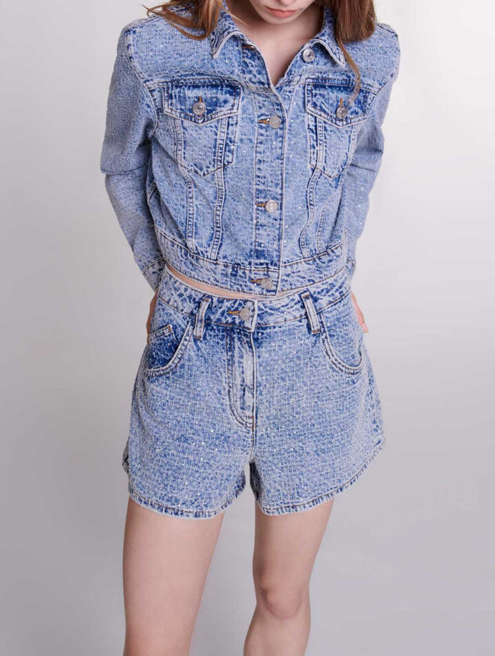 Diamanté and jacquard denim shorts