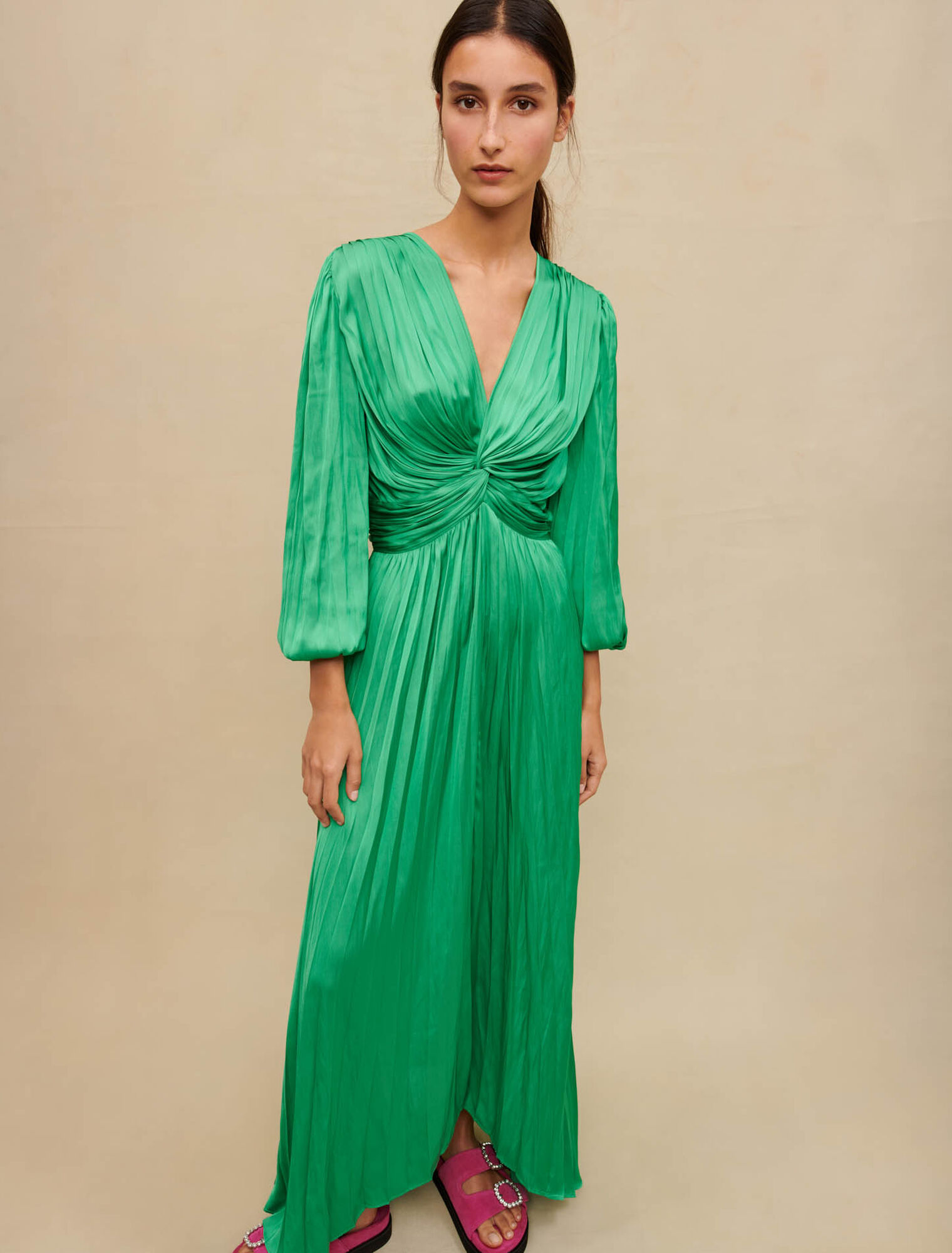 Long draped satiny dress