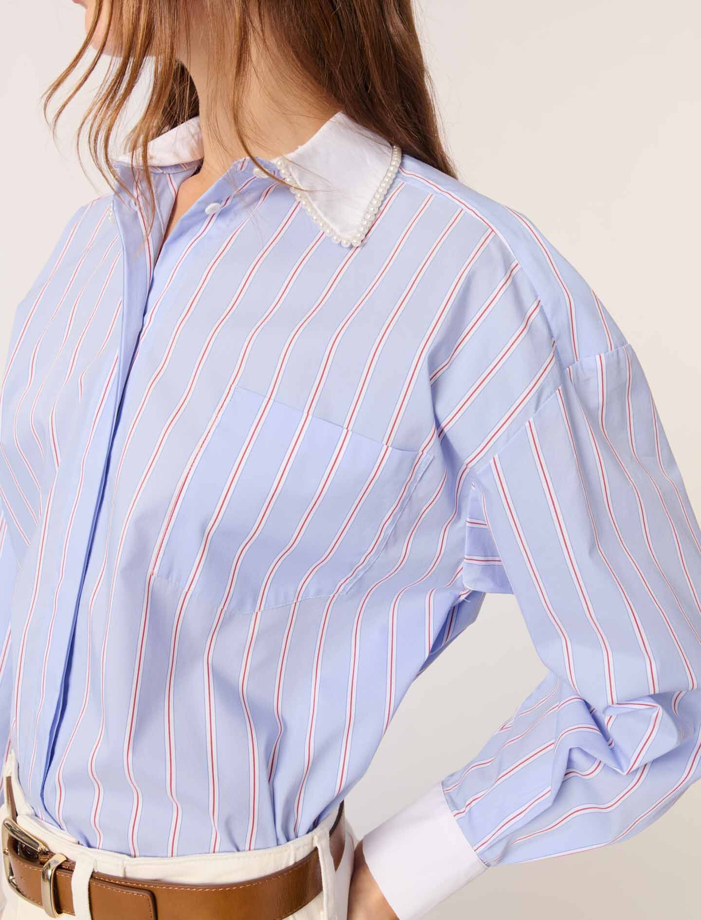 Striped shirt with beaded collar Tricolor For Women | Maje Striped shirt with beaded collar Tricolor For Women | Maje