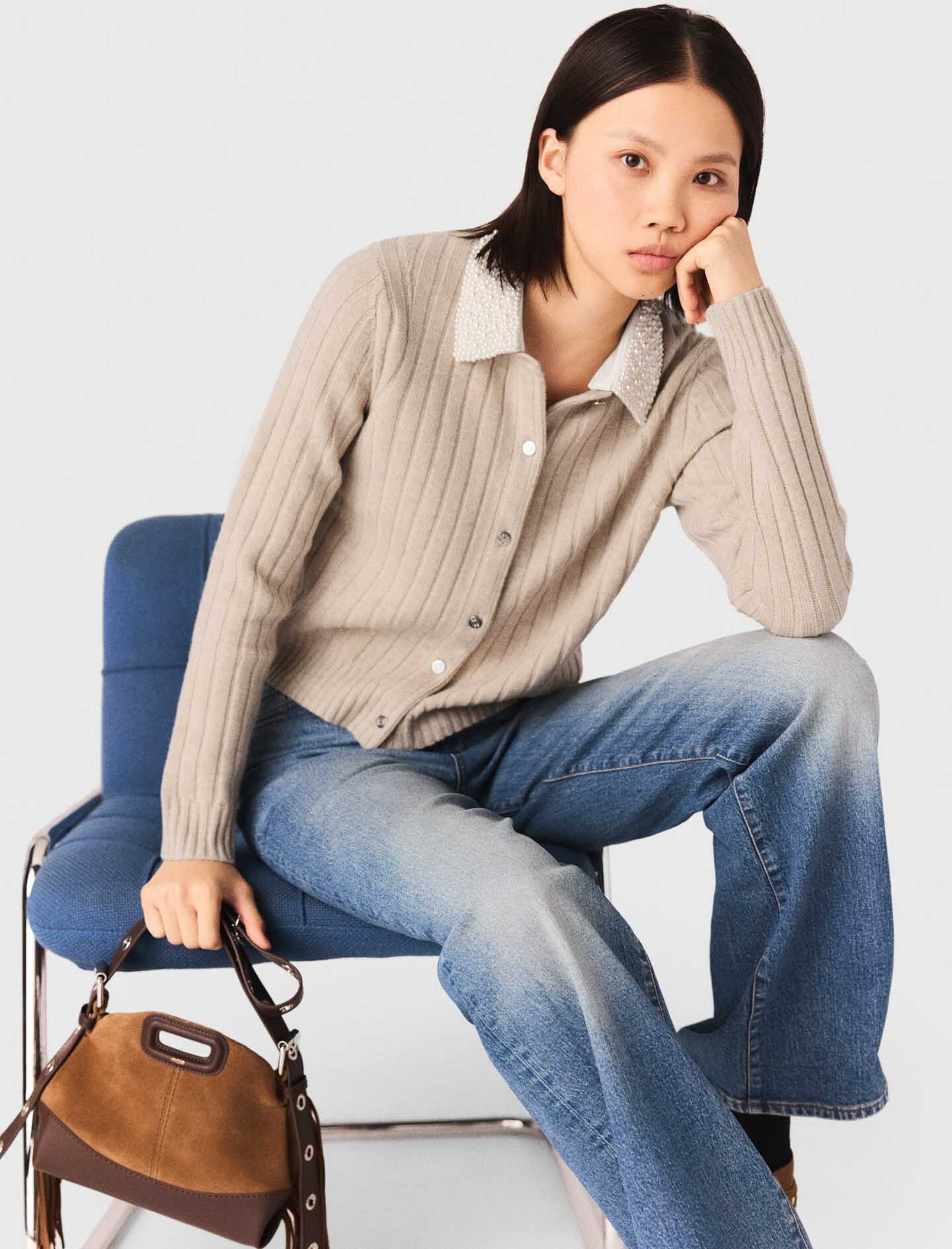 Cardigan with removable pearl collar Natural For Women | Maje