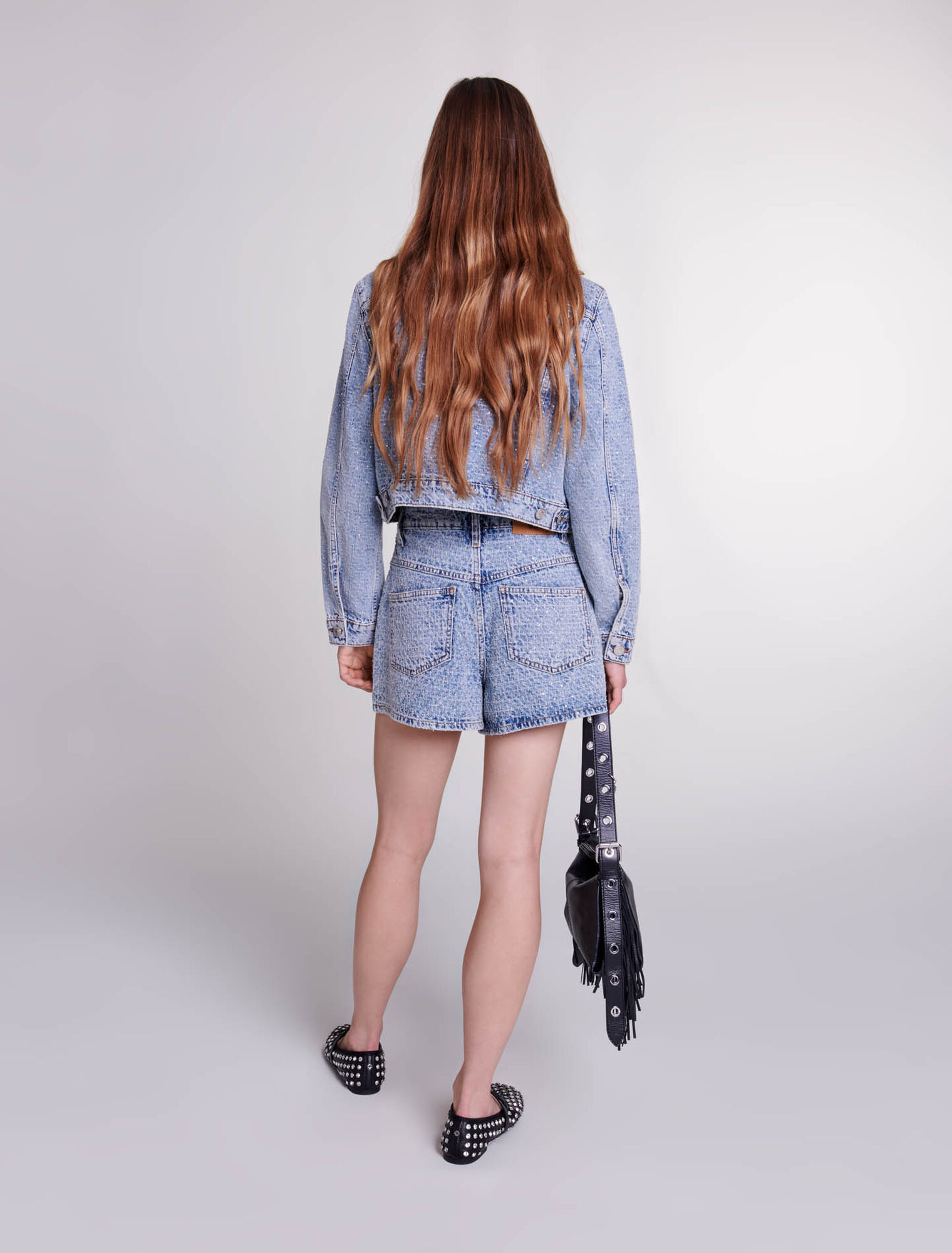 Diamanté and jacquard denim shorts