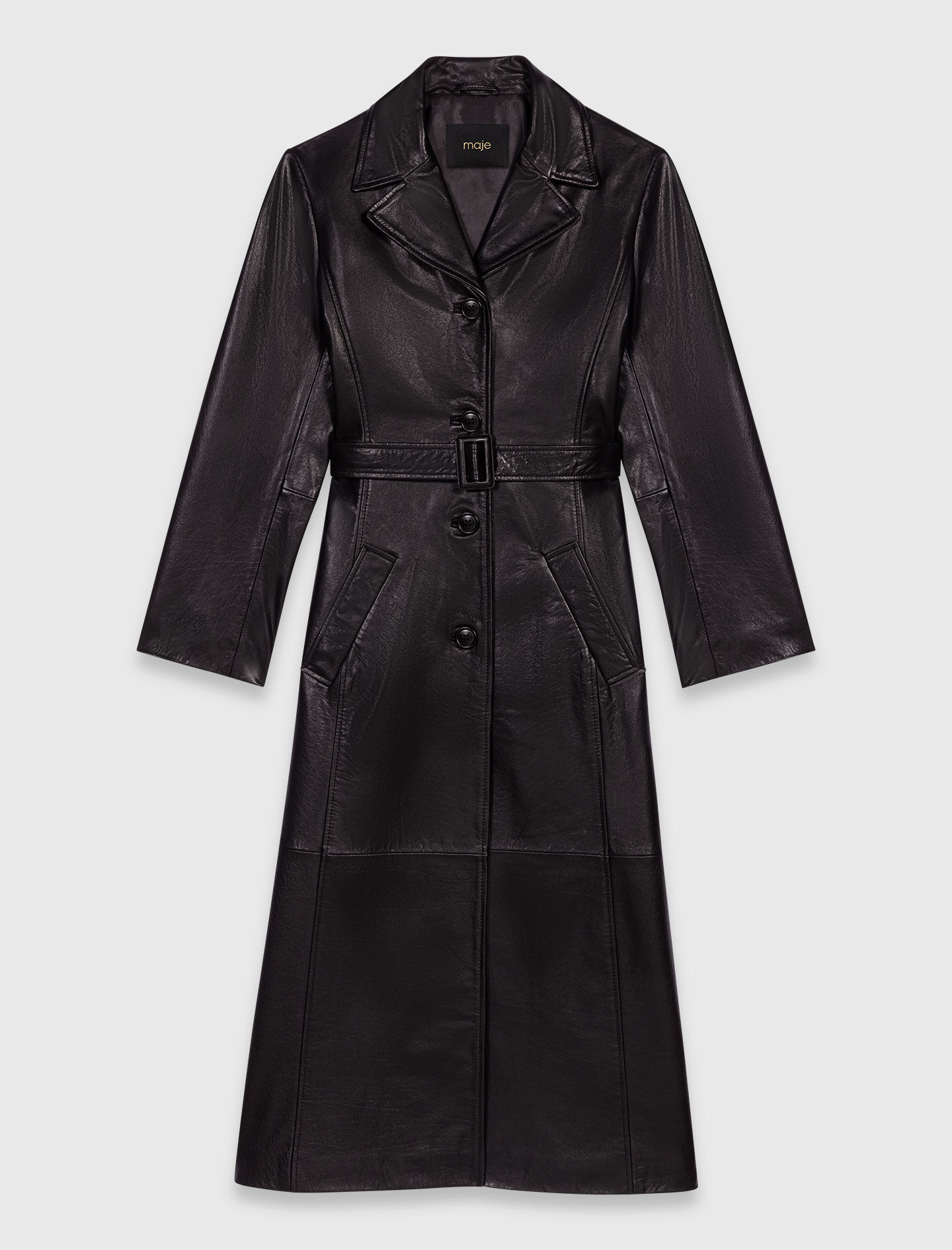 f*0様 HARAJUKU MOTHER LEATHER TRENCH COAT Long leather trench coat Black / Gray For Women | Maje