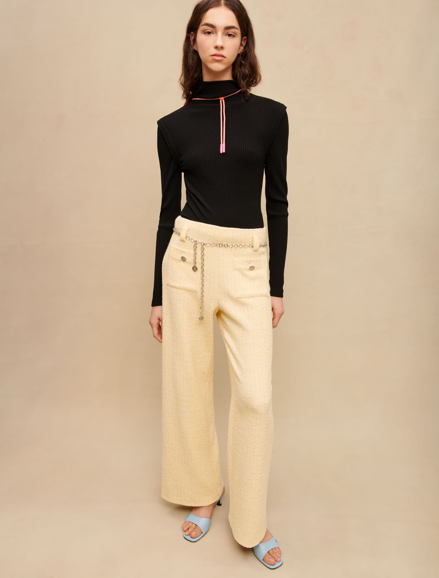 Yellow tweed belted trousers