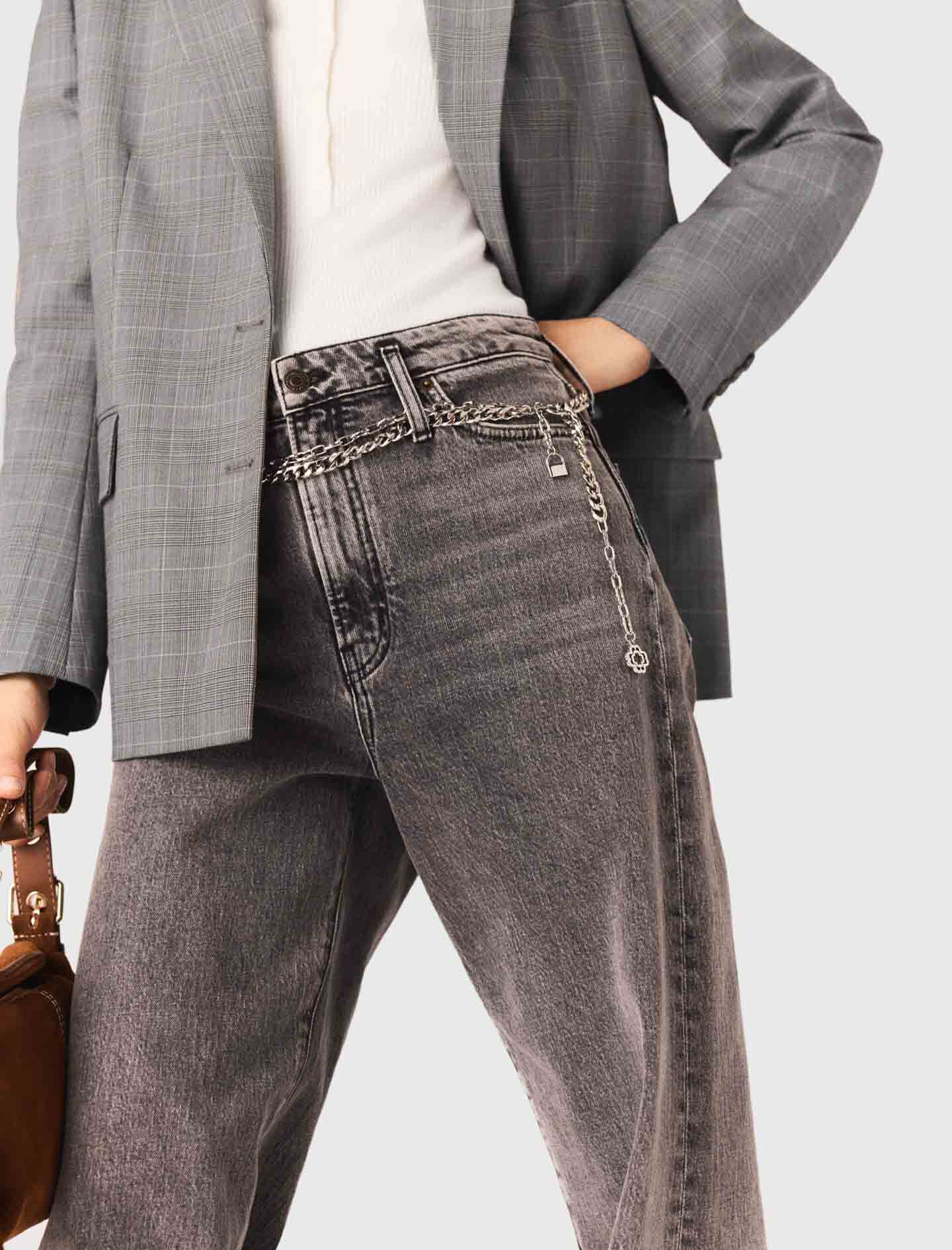 Wide-leg jeans with chain-link belt Black / Gray For Women | Maje