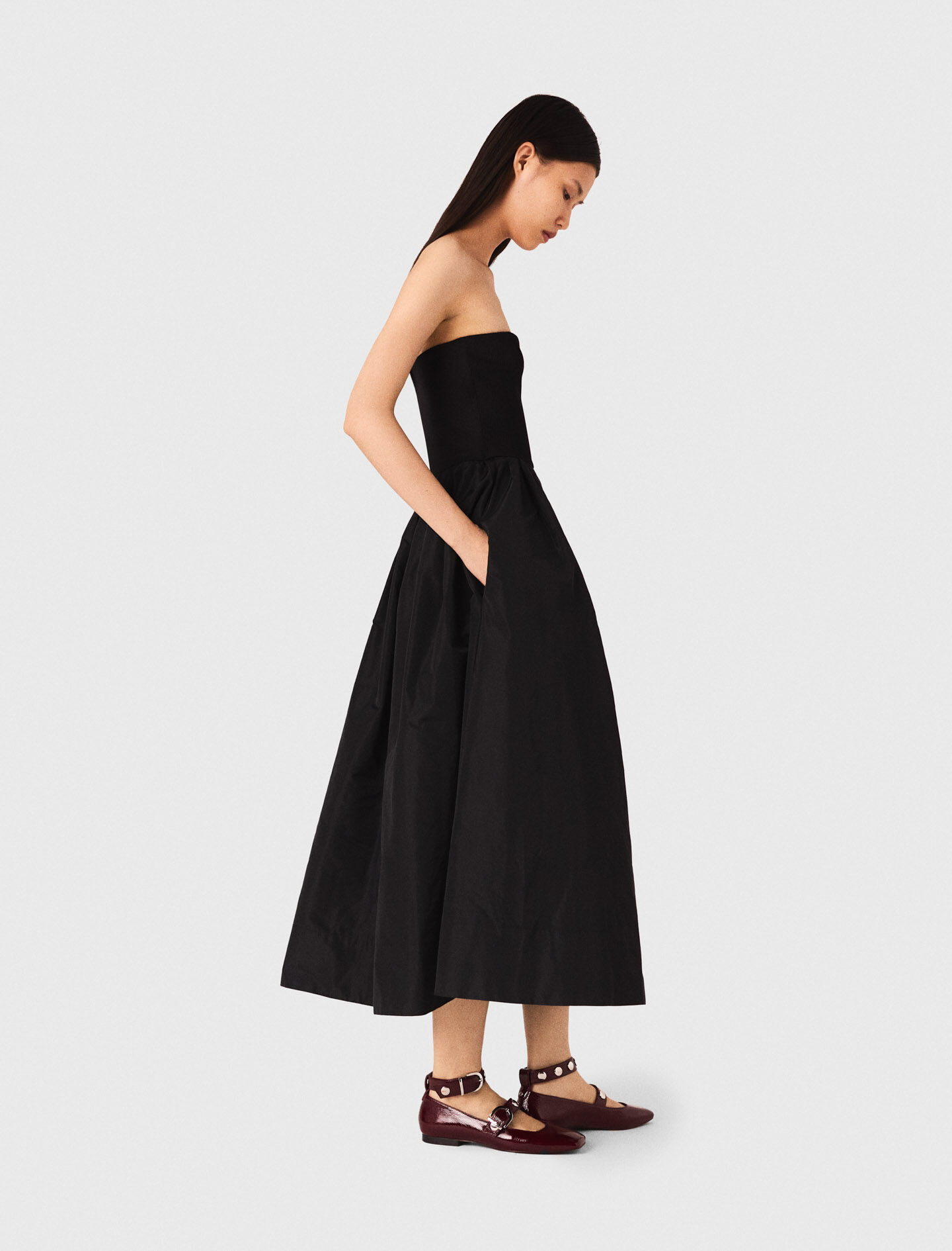 Strapless mesh and taffeta dress Black / Gray For Women | Maje