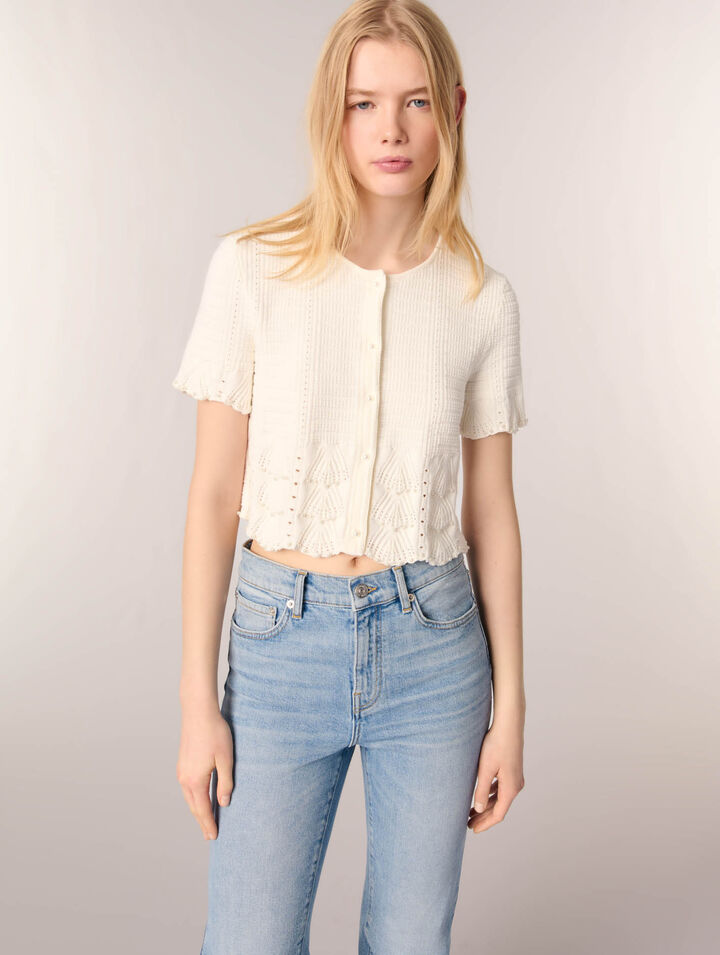 Pointelle knit short sleeve cardigan