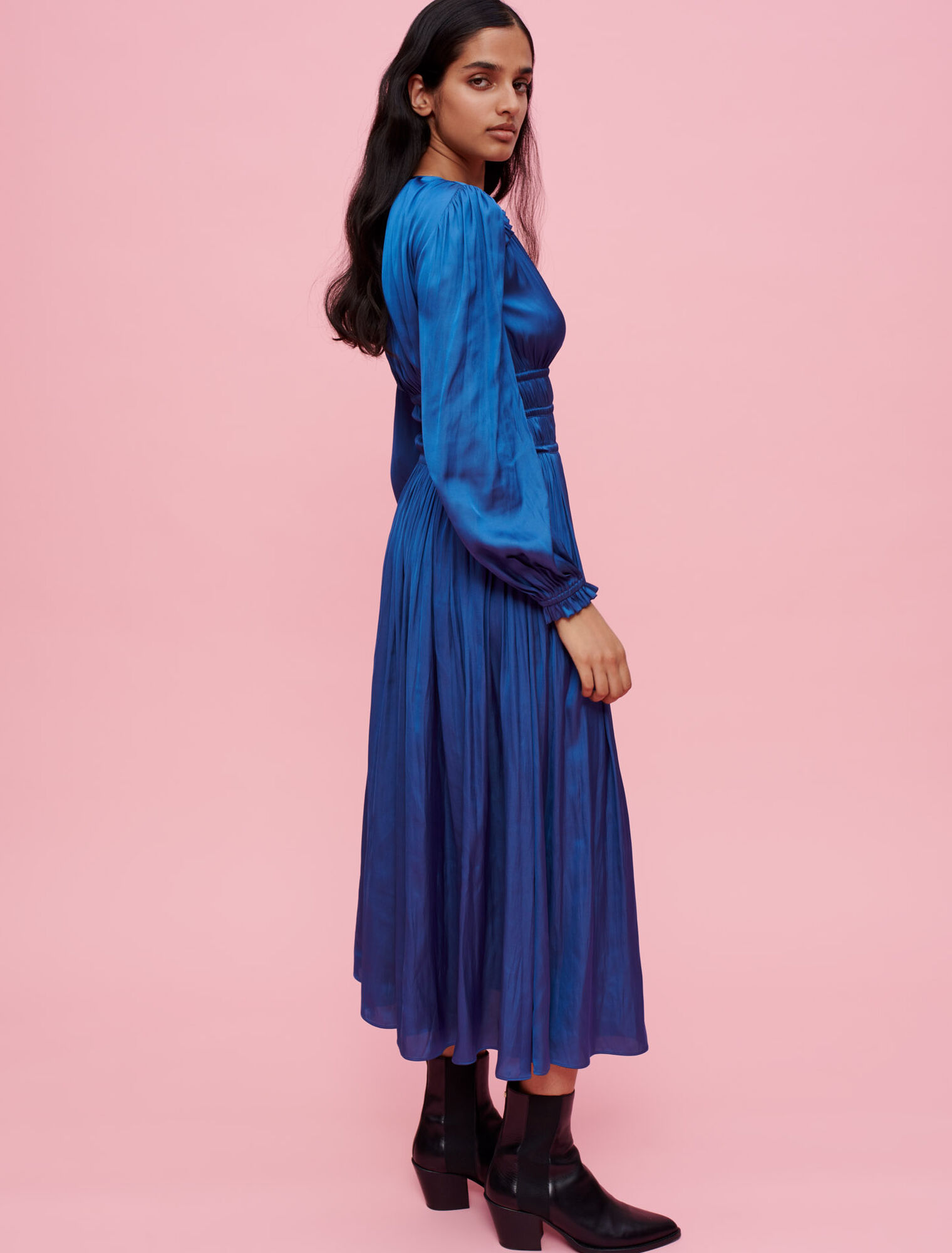 Satin dress with smocked waist