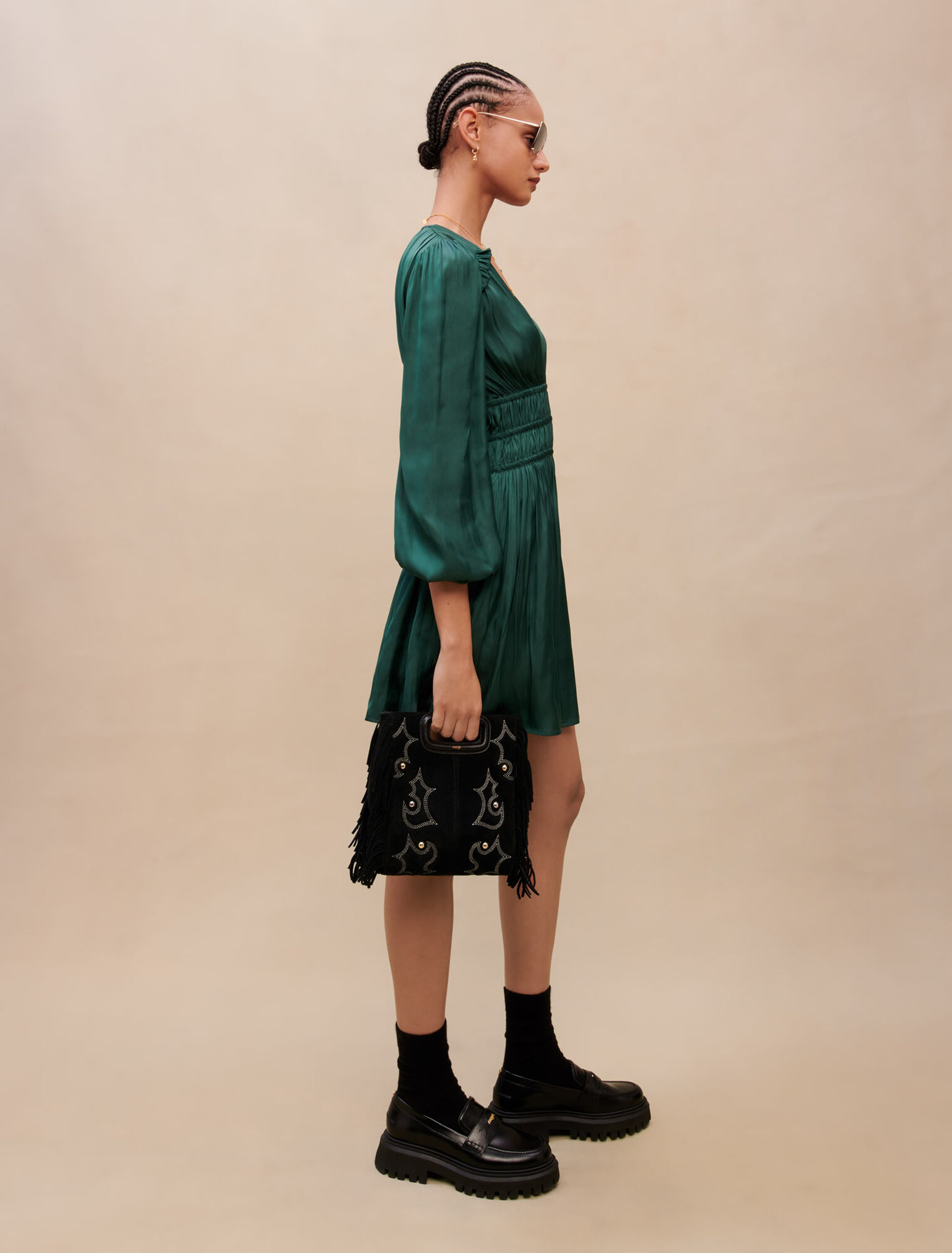 Embroidered studded leather M bag