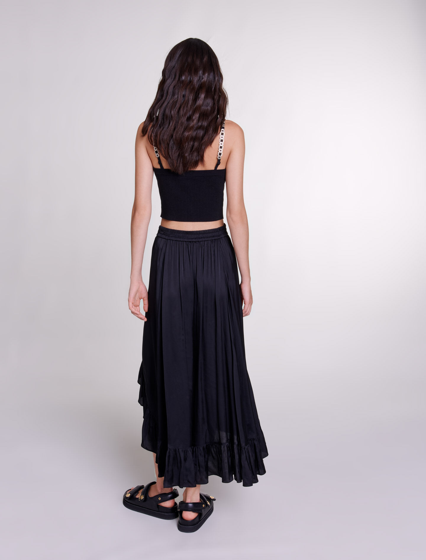 Long satin-effect ruffled skirt Black / Gray For Women | Maje
