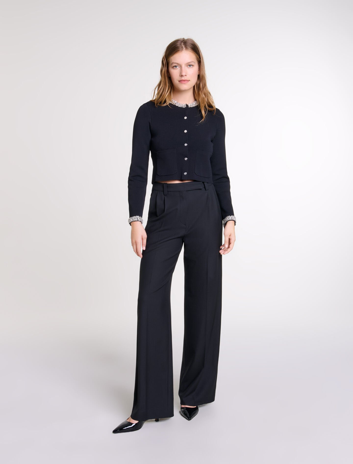 Cardigan with rhinestone trim Black / Gray For Women | Maje