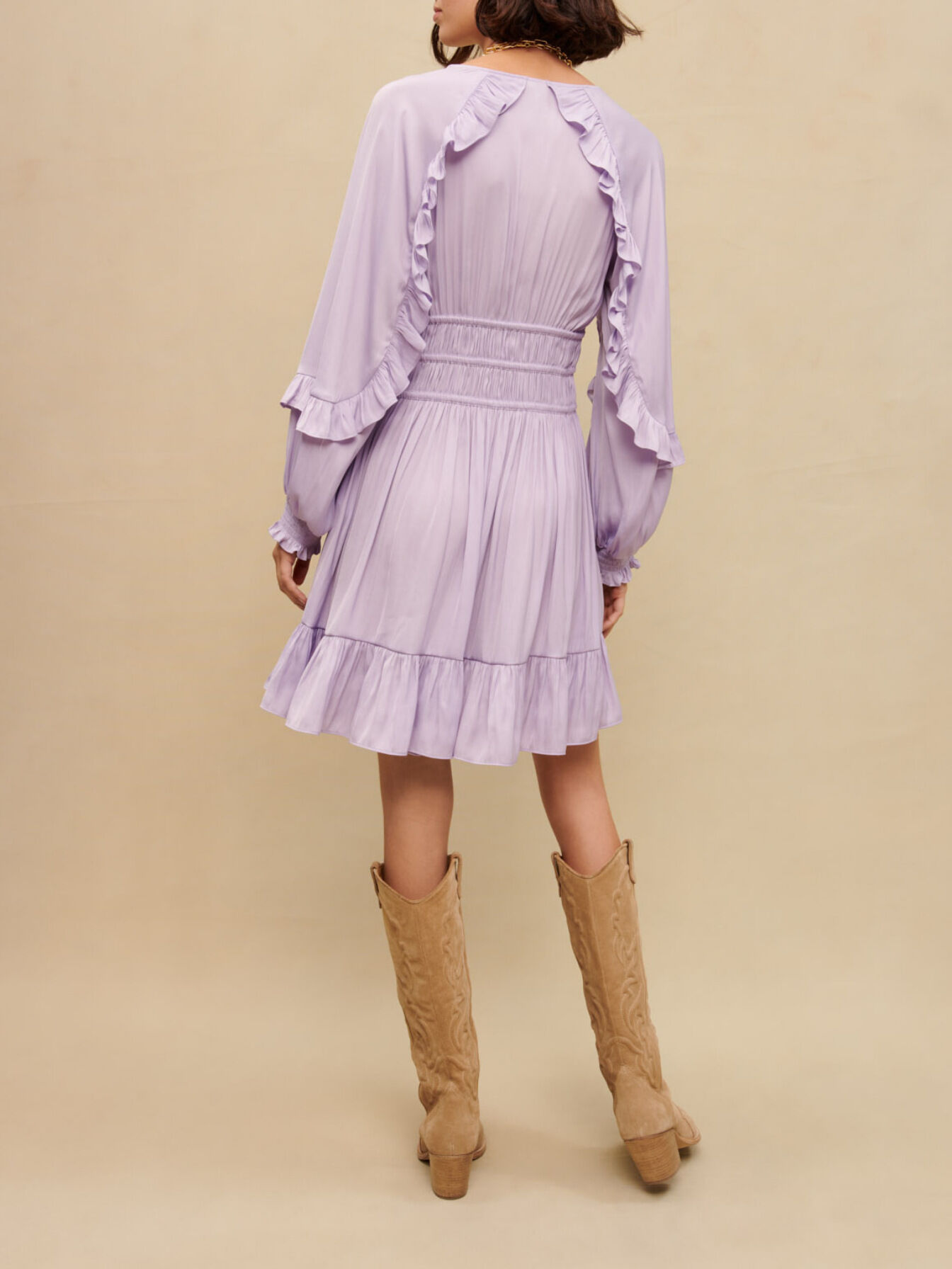 喜ばれる誕生日プレゼント Short satiny dress with ruffles Purple For Women | Maje ワンピース