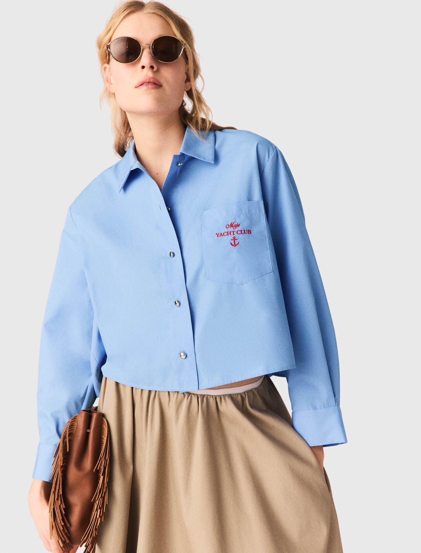 Embroidered shirt with pleated back Blue For Women | Maje