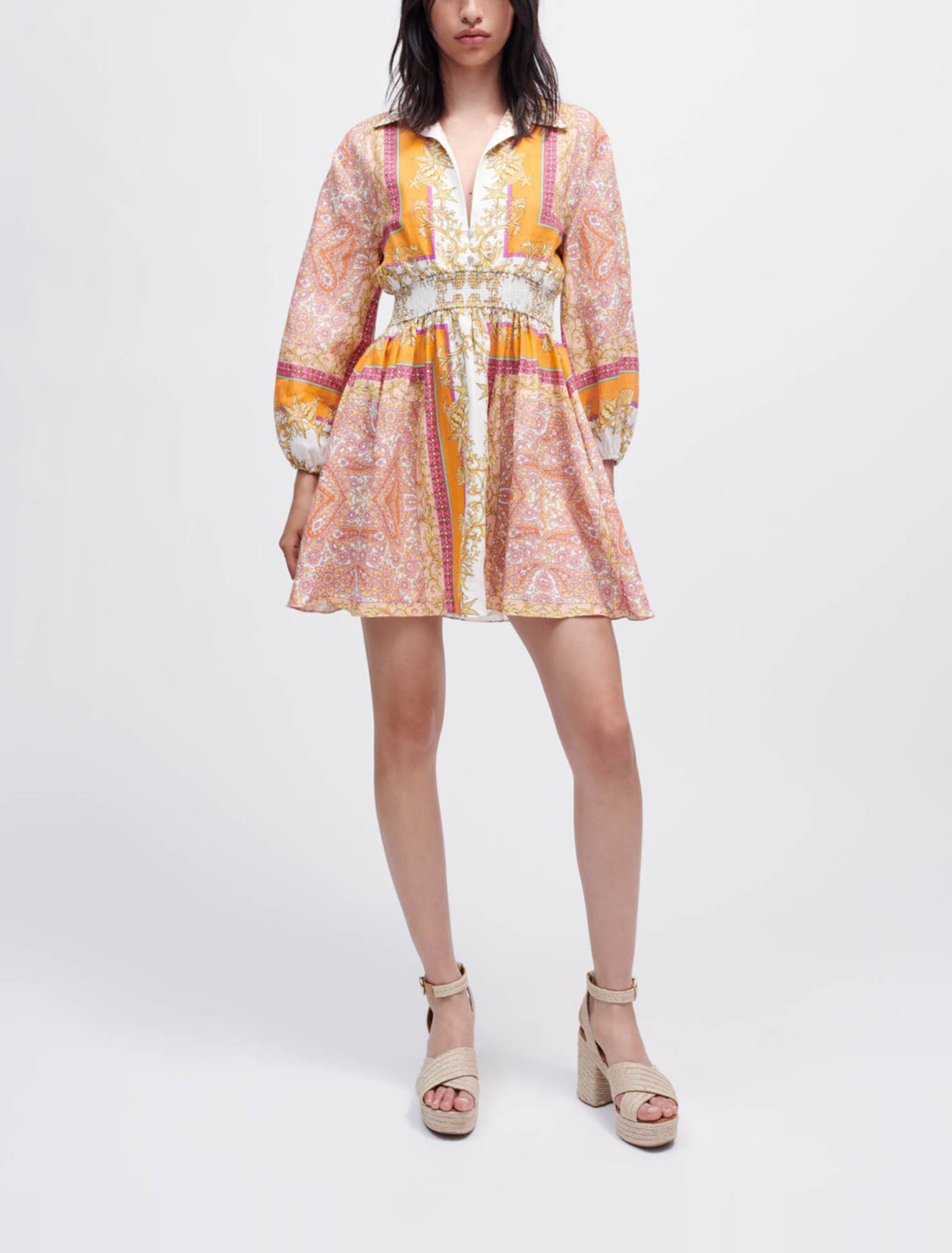 Linen shirt dress with scarf print