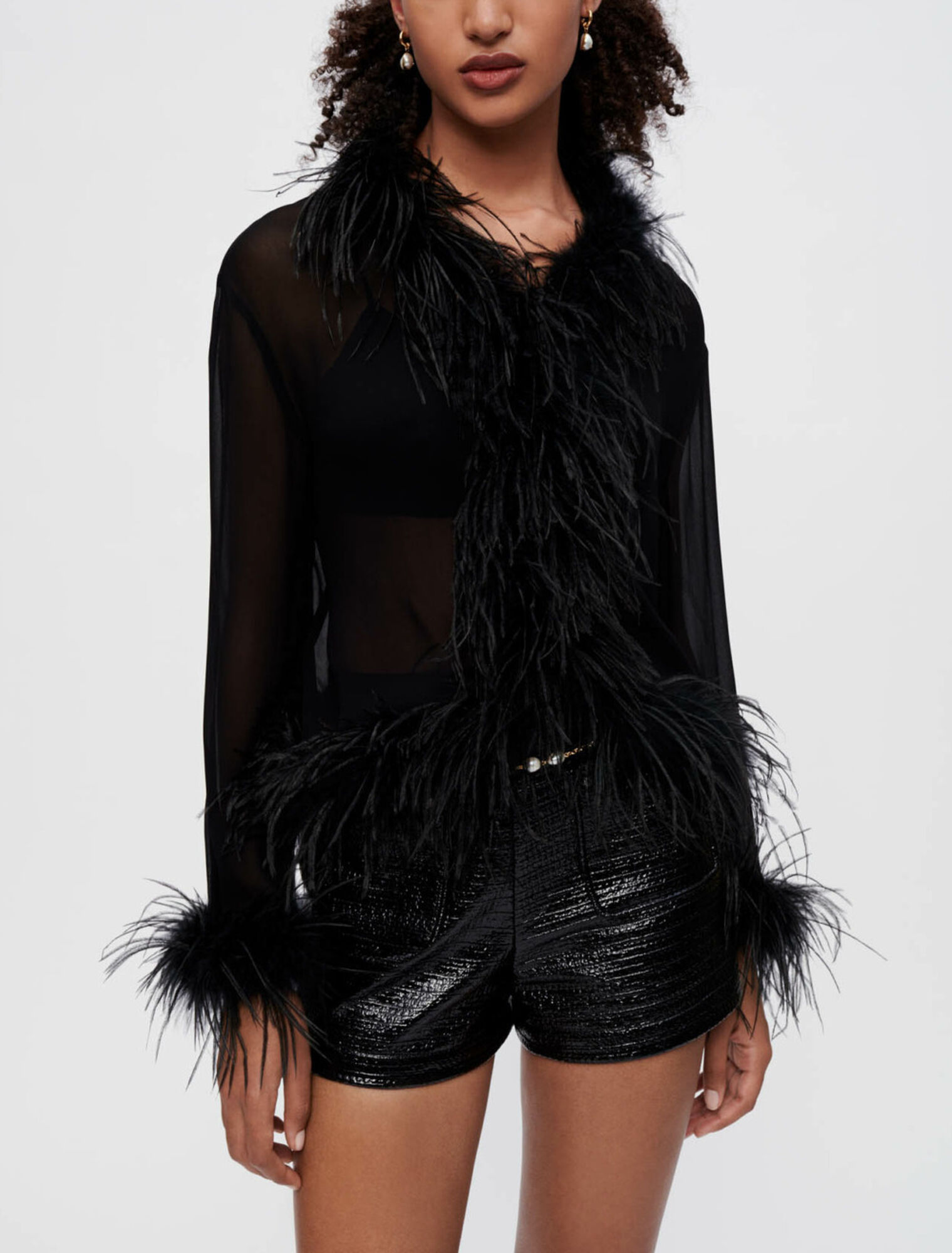Transparent voile shirt with feathers