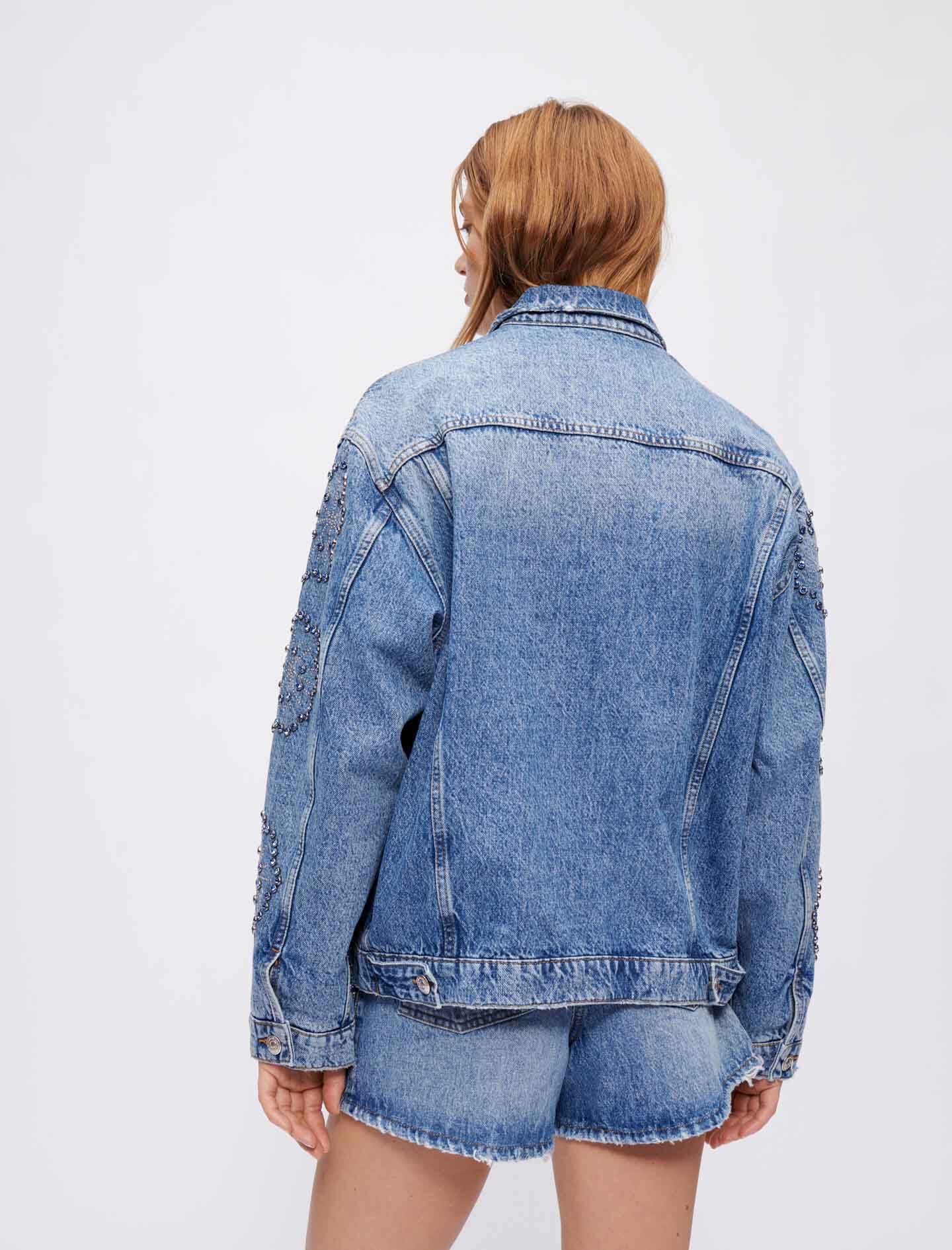 Wide denim jacket with rhinestones