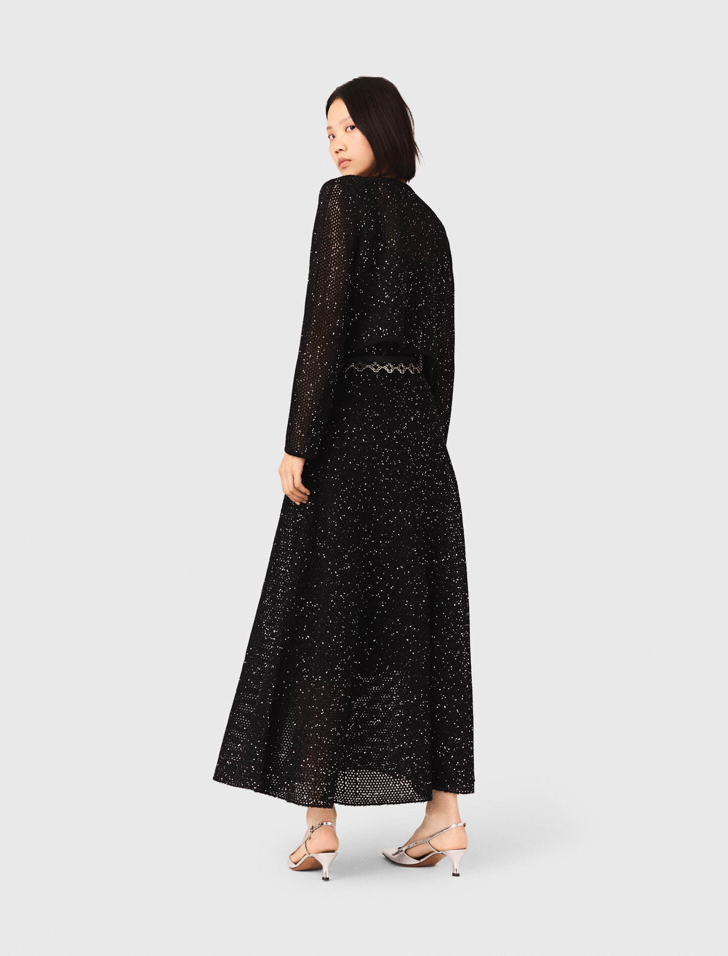 maje マージュ　ツイードロングジャケット　五分袖　ブラック　ラメ Rhinestone knit cardigan Black / Gray For Women | Maje