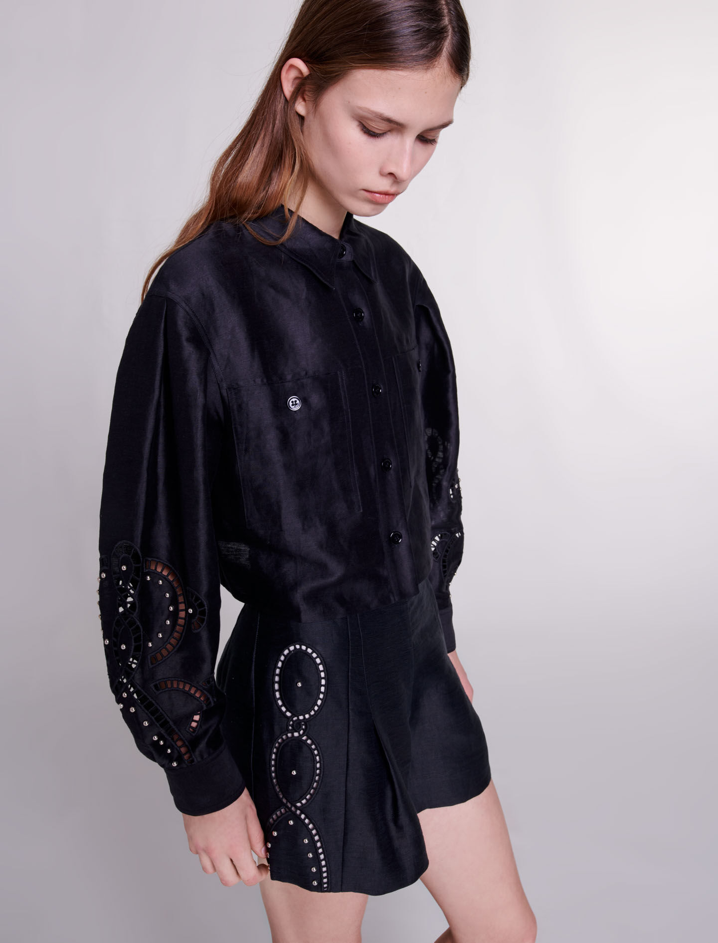 Openwork linen cropped shirt Black / Gray For Women | Maje