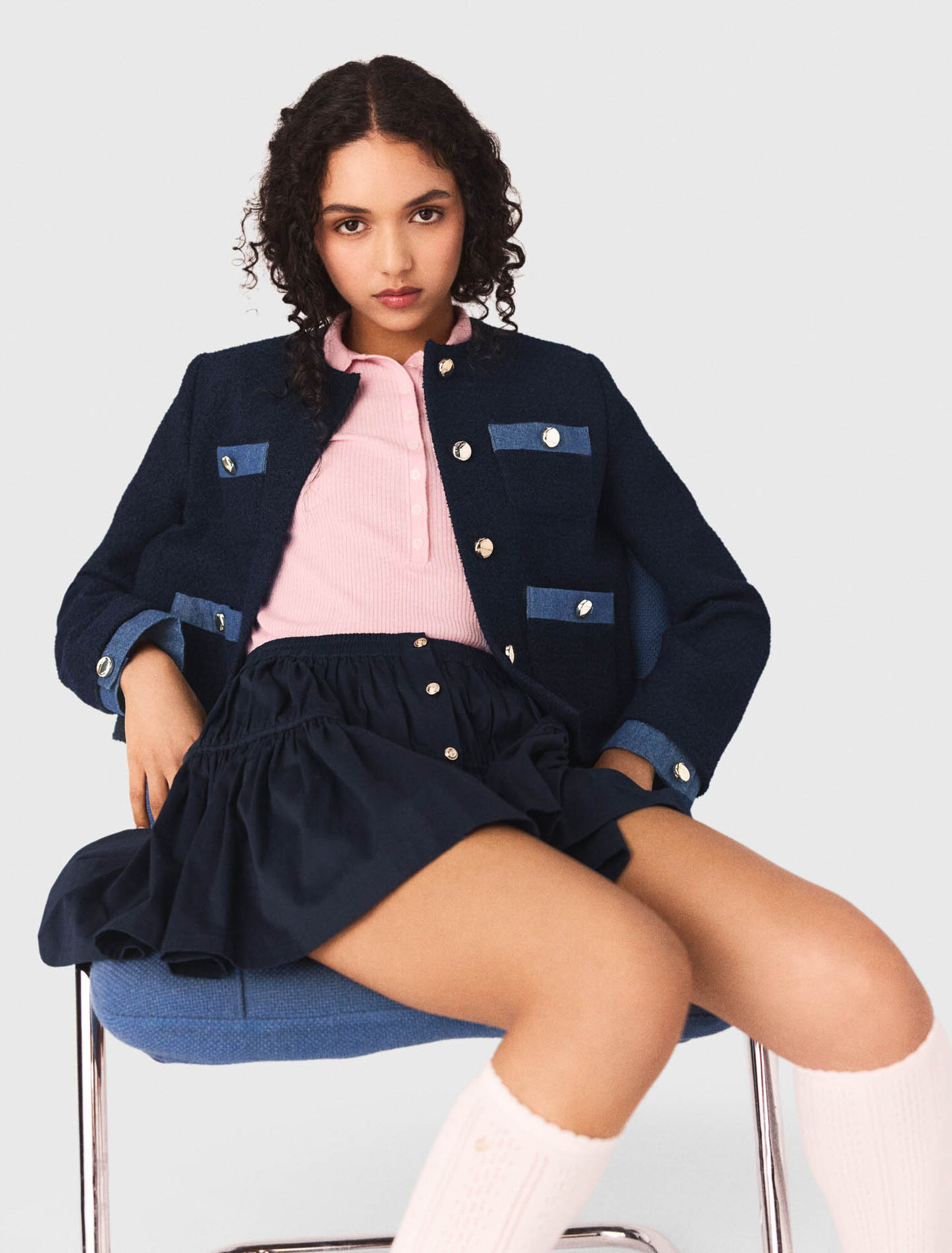 Tweed jacket with denim trim