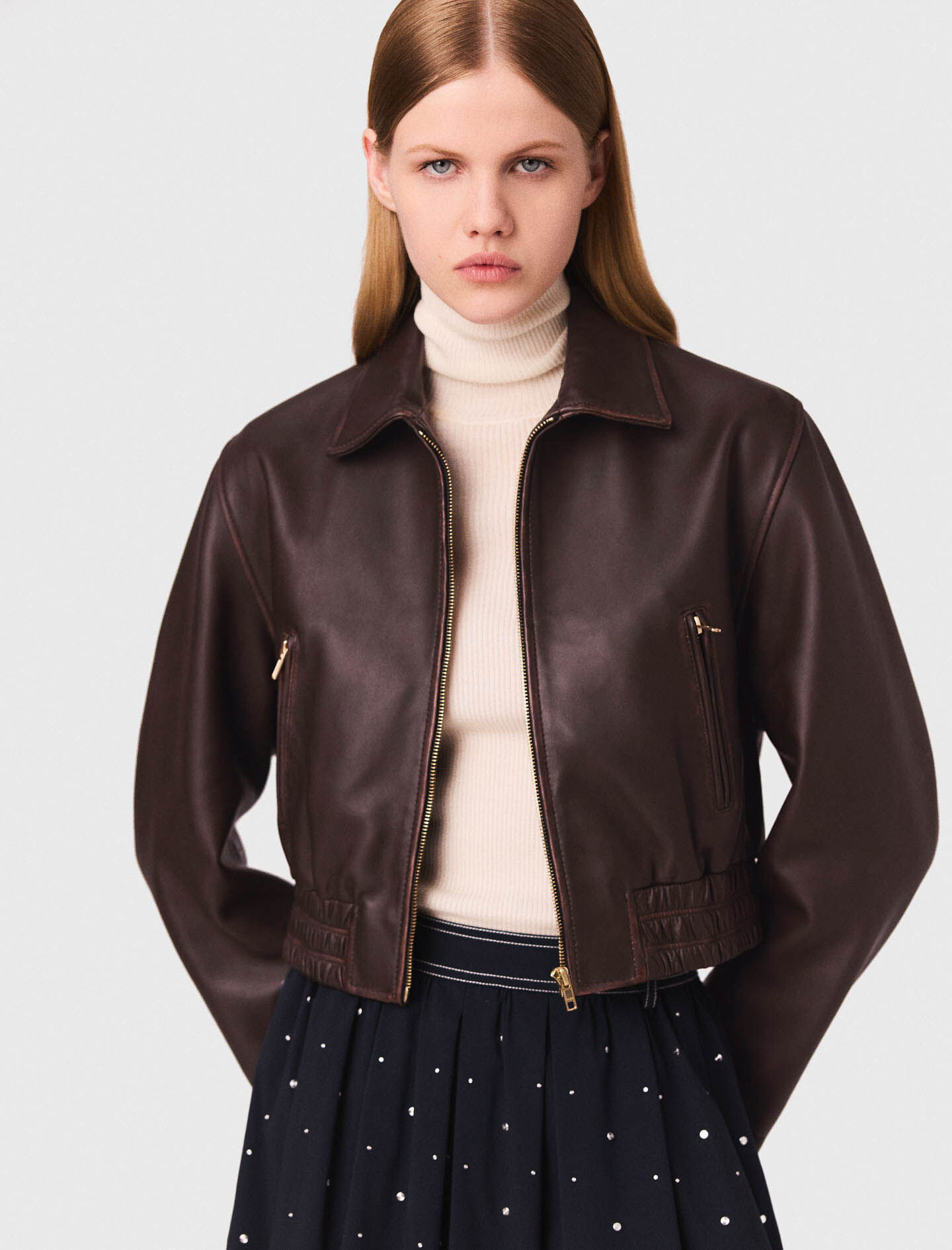 Vintage leather cropped jacket Brown For Women | Maje